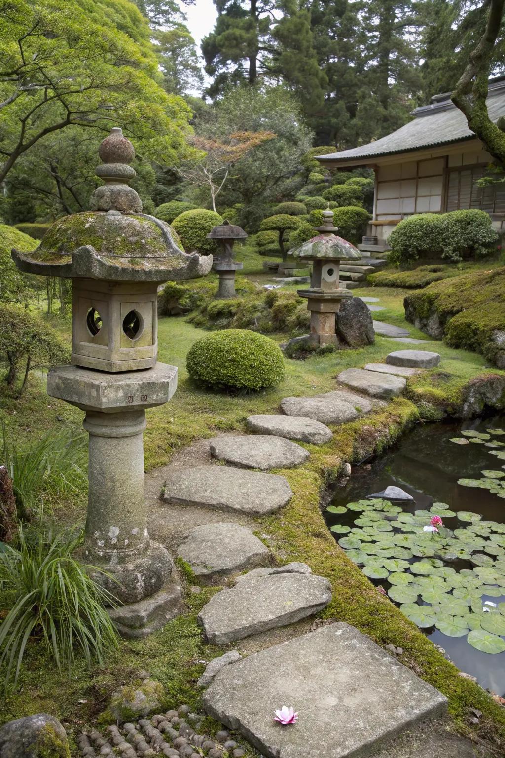 Unrefined charm elements portraying imperfection in a Japanese garden.