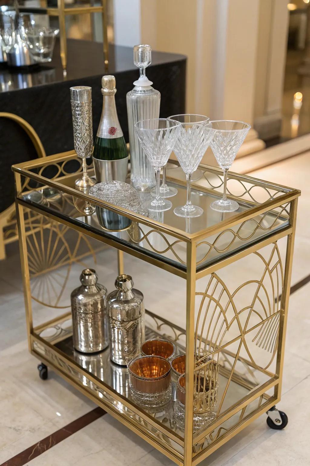 A chic beverage trolley is a sophisticated allusion to clandestine establishment culture.