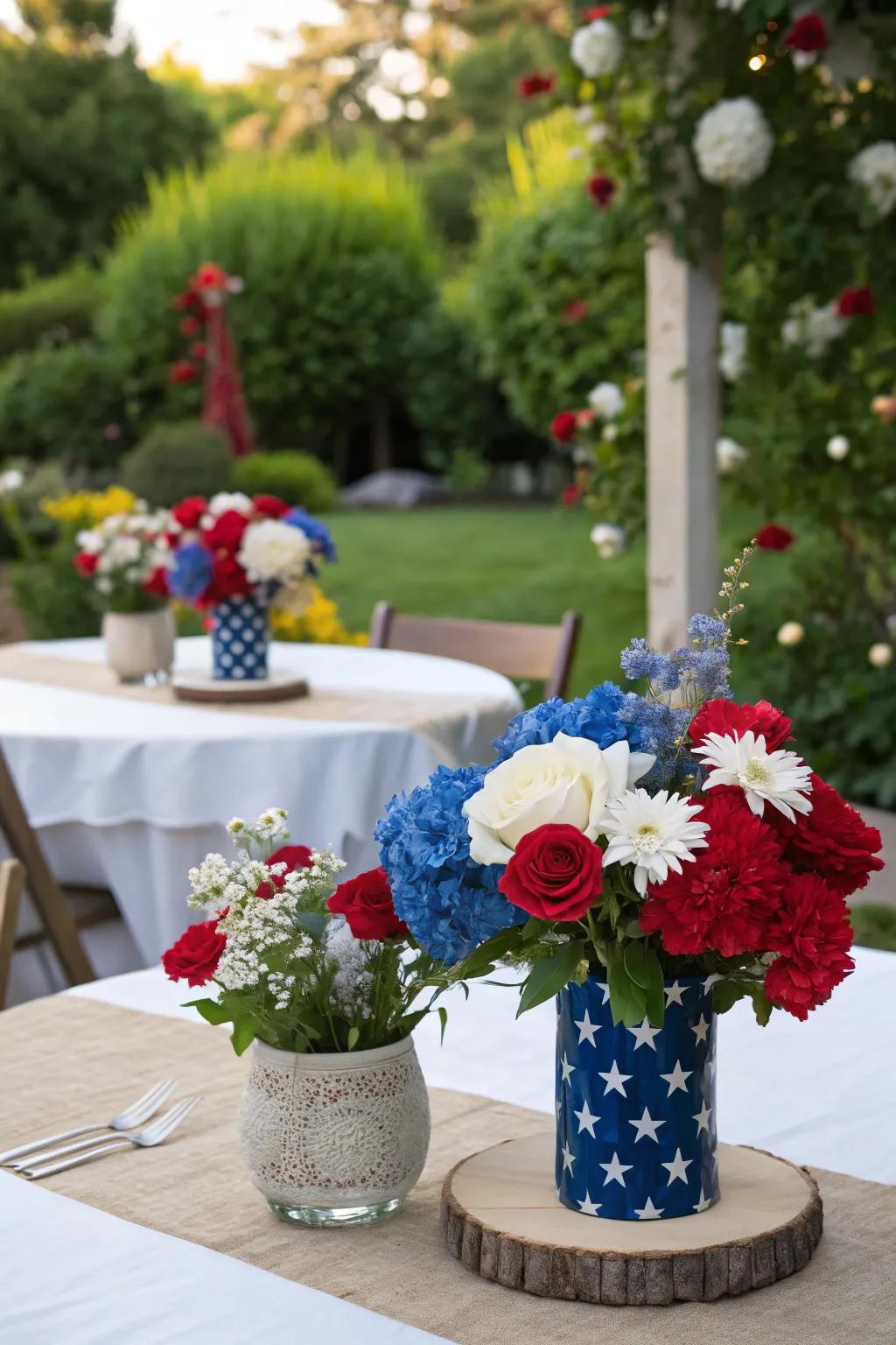 National-themed centerpieces featuring red, white, and blue flowers.
