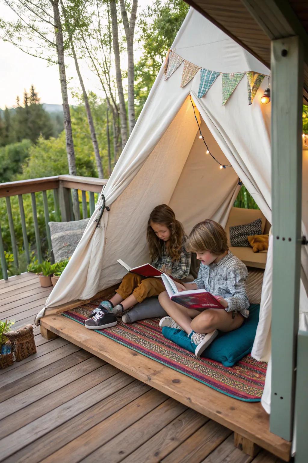 A deck featuring a cozy shelter where children are reading books inside.
