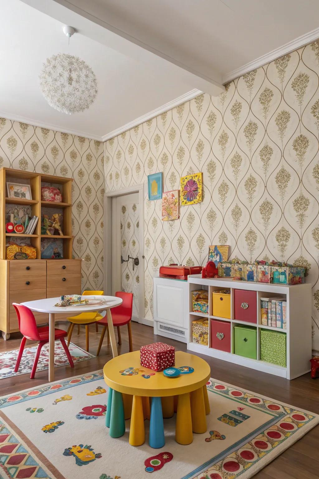A playroom with vintage-inspired wall covering offering a timeless aesthetic.