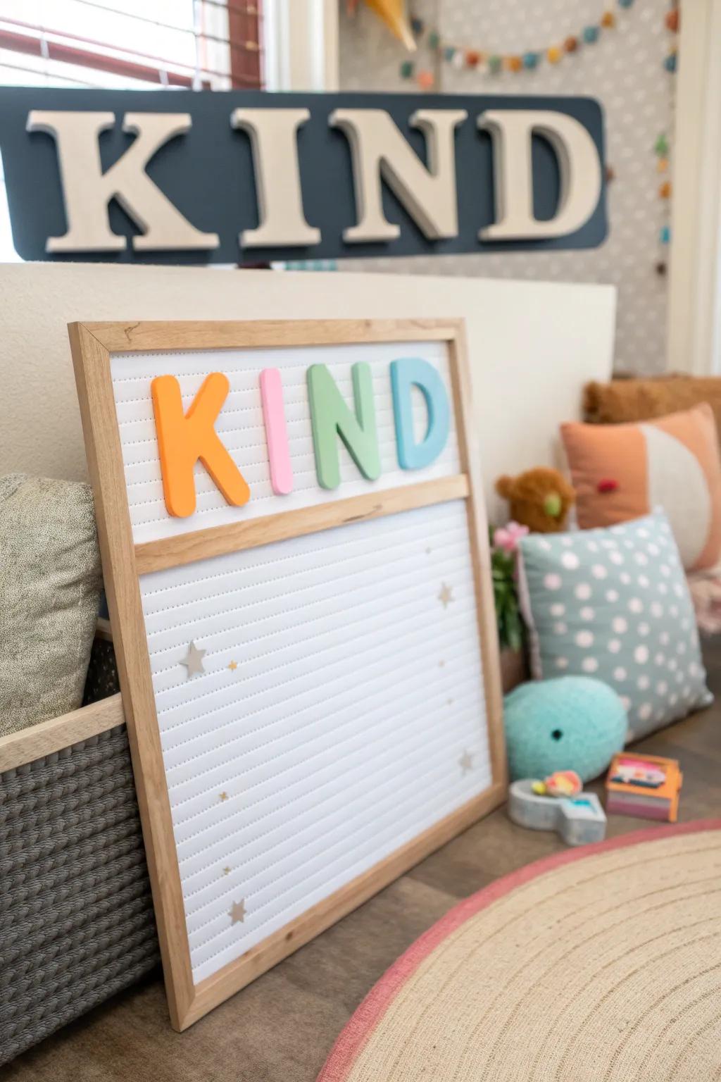 A playful home bulletin board entices people to 'Embody Kindness' featuring a photo space.