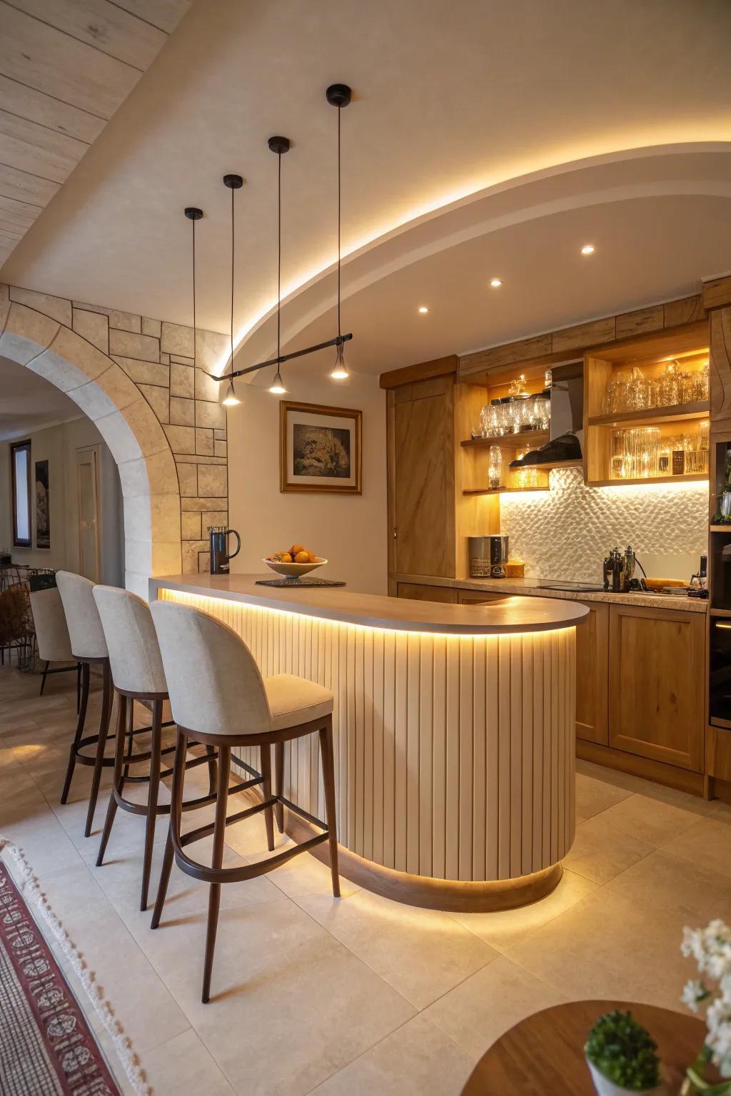 Curved designs enhance the inviting atmosphere of kitchen bars.