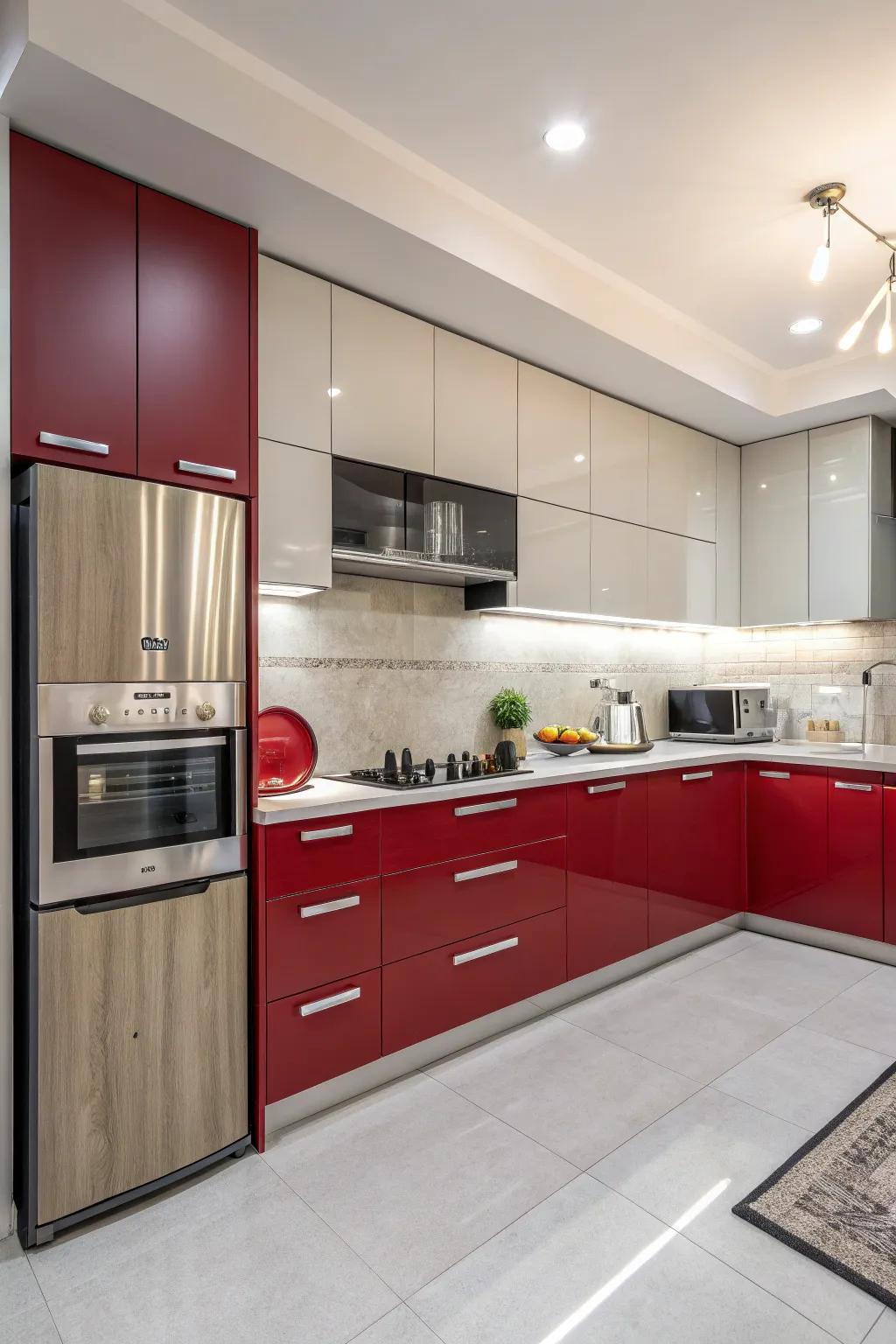 Red cabinets add vitality and passion to the kitchen area.