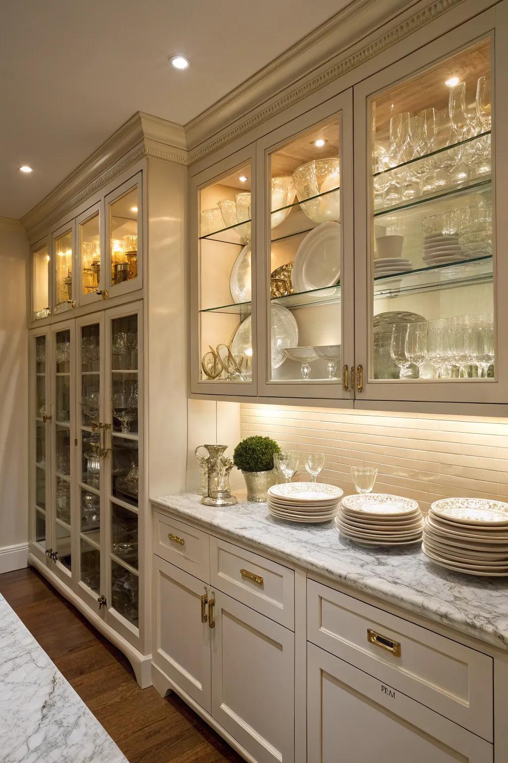 Clear-front cupboards deliver a fashionable way to display dishware.
