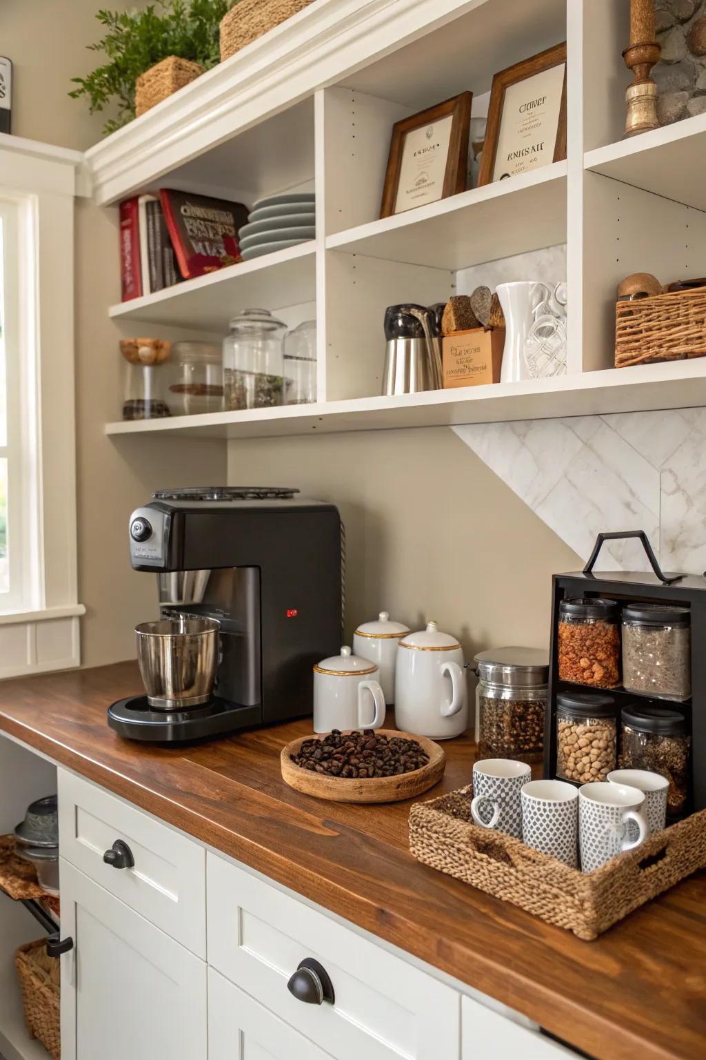 A dedicated nook serving as the heart of a kitchen coffee station.