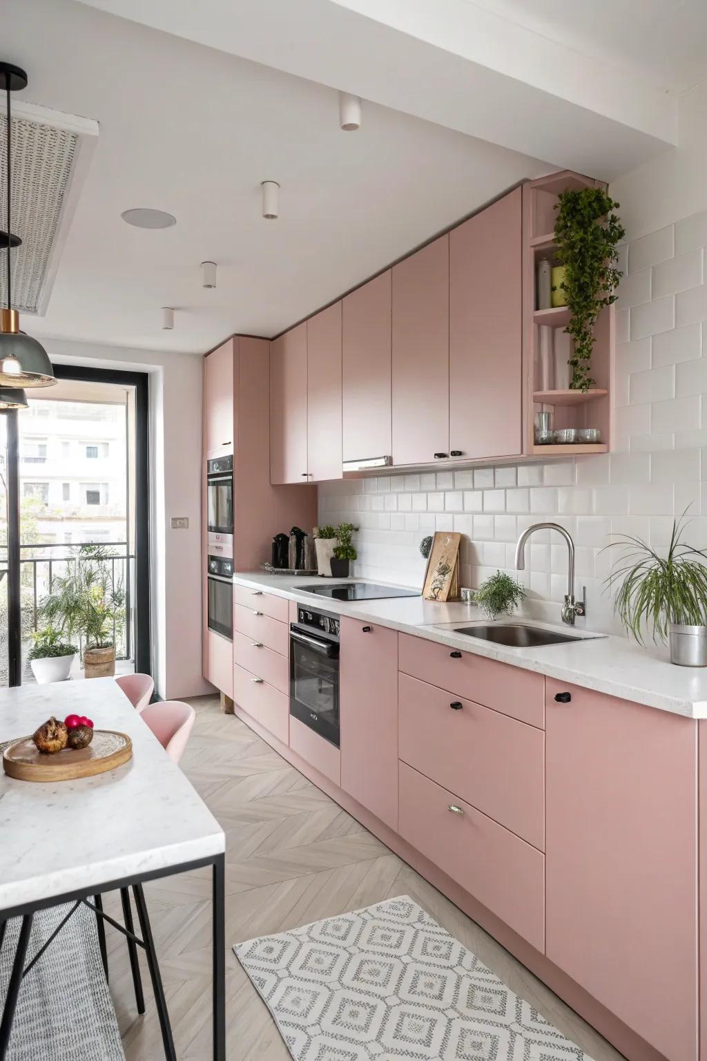 Whimsical faint rose delivers a whimsical and chic vibe to the cooking space.