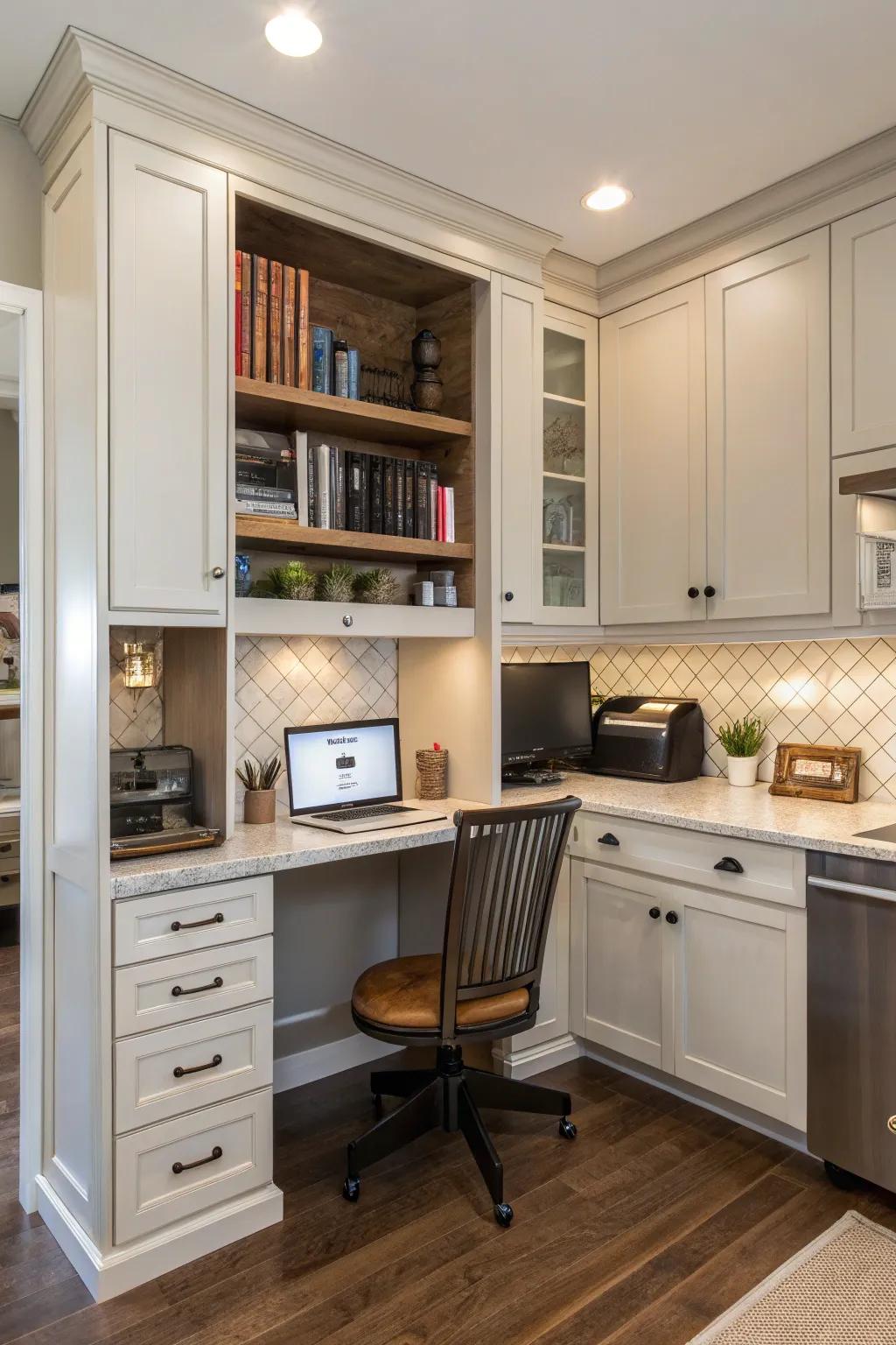 A kitchen desk cleverly hidden behind cabinet doors for a polished style.