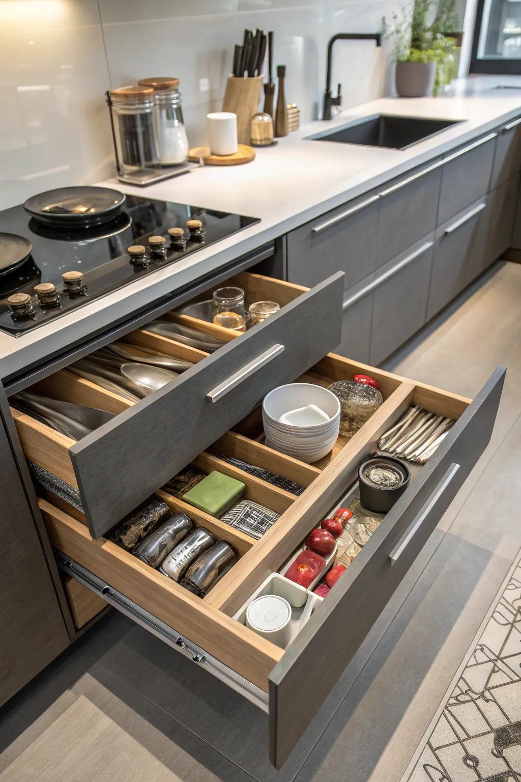 Keep essentials within reach with drawer systems installed under countertops.