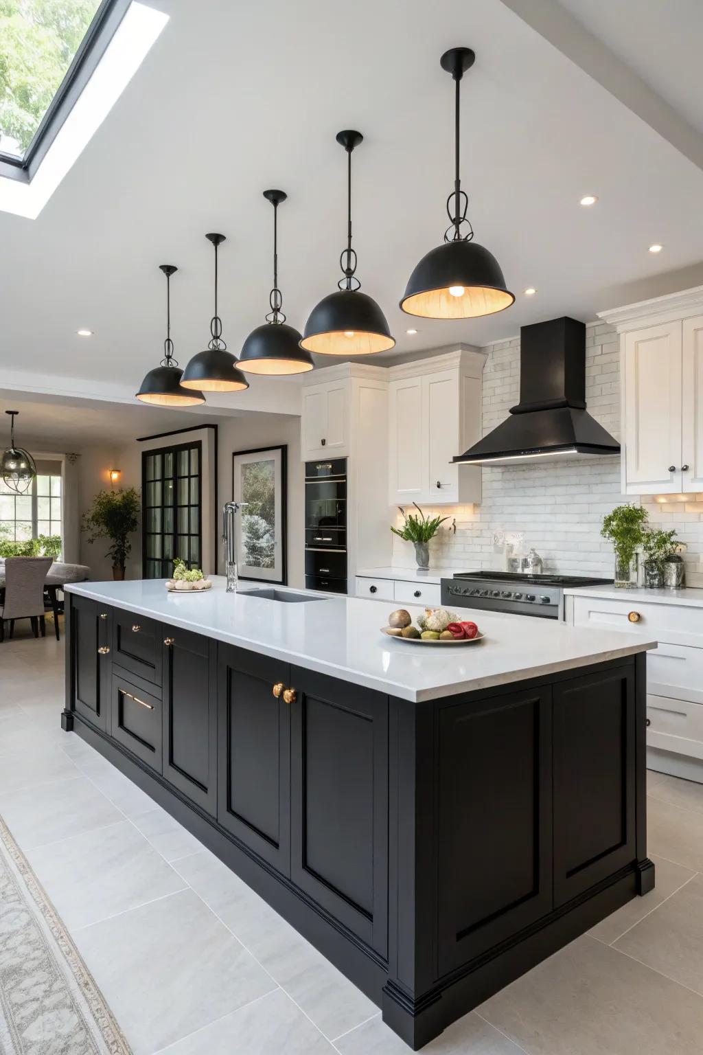 An ebony kitchen island establishes an audacious and dramatic focal point within the contemporary kitchen.