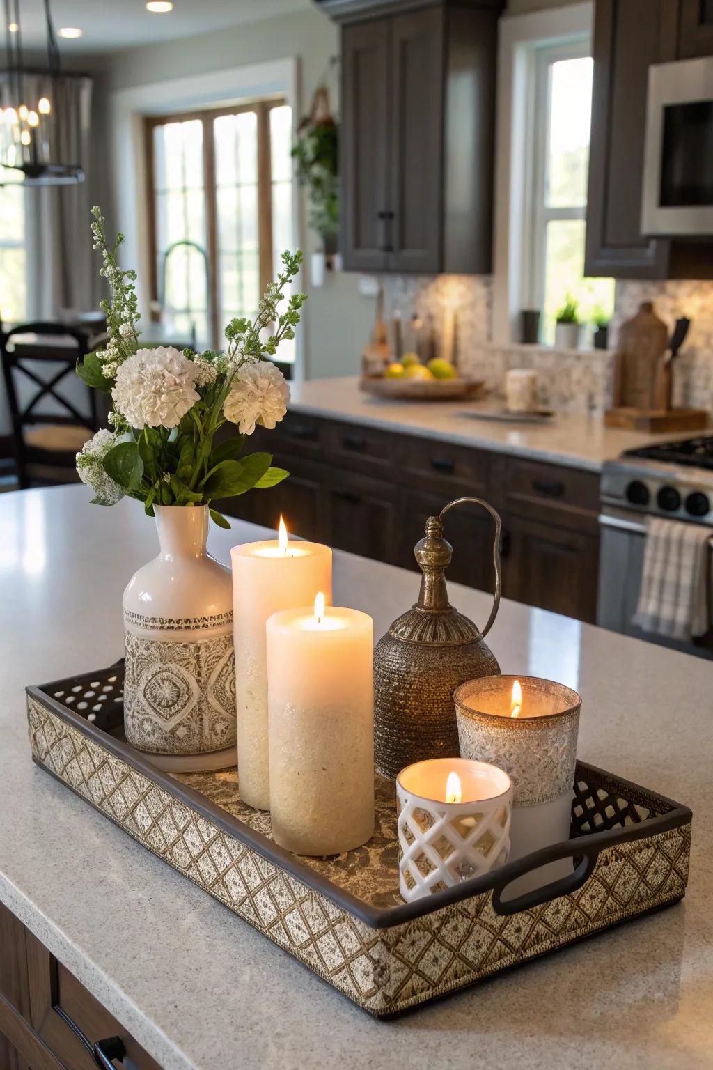 Serving pieces help organize and define decor on the kitchen island.