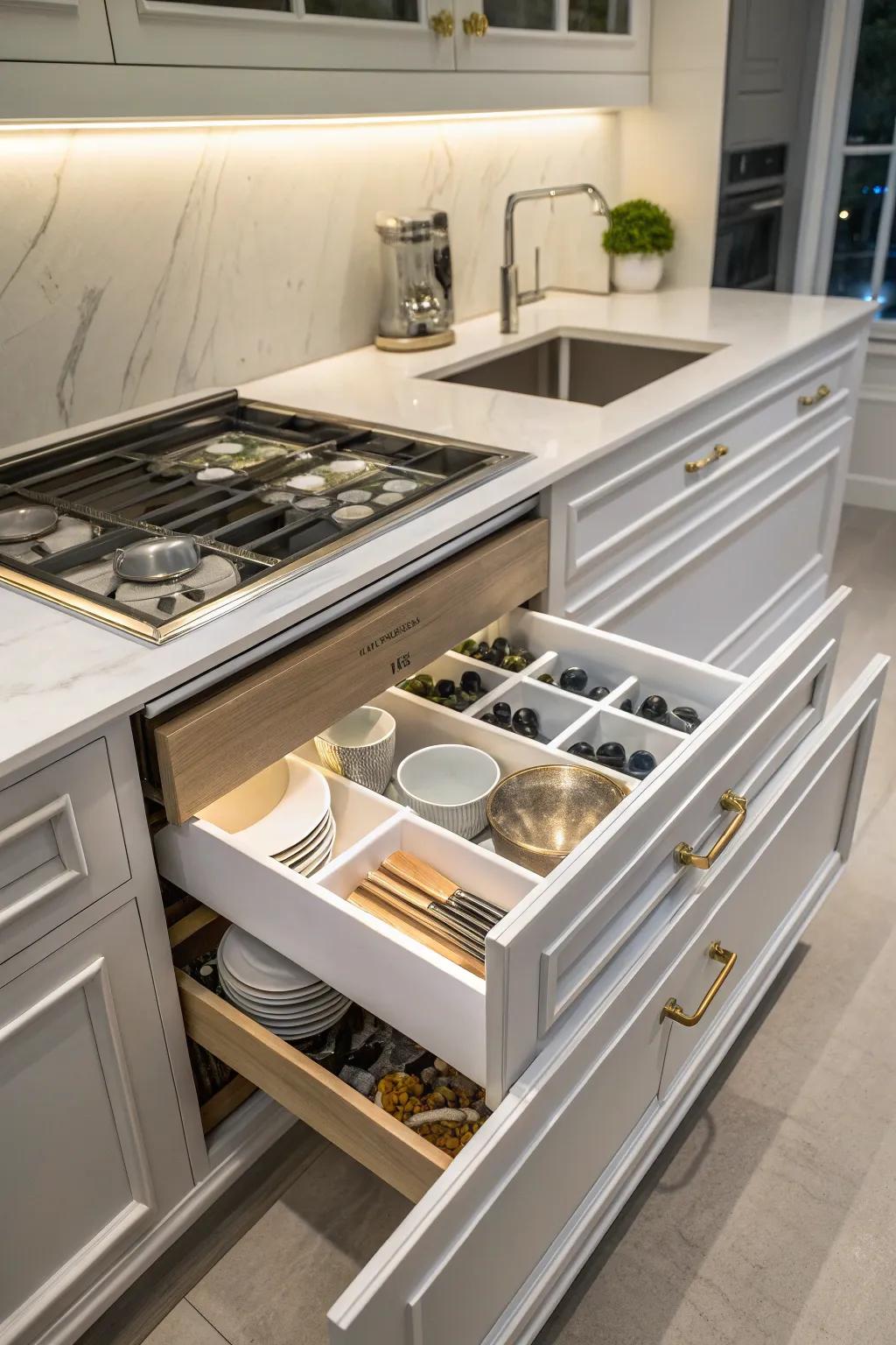 A soffit featuring hidden storage, which increases kitchen efficiency.