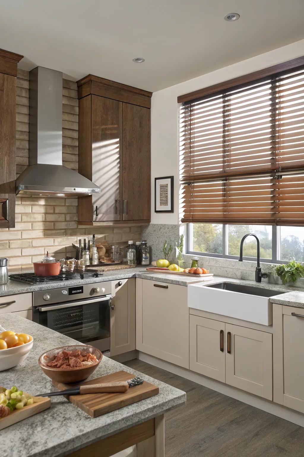 Faux wood blinds offer durability and style, perfect for kitchens.