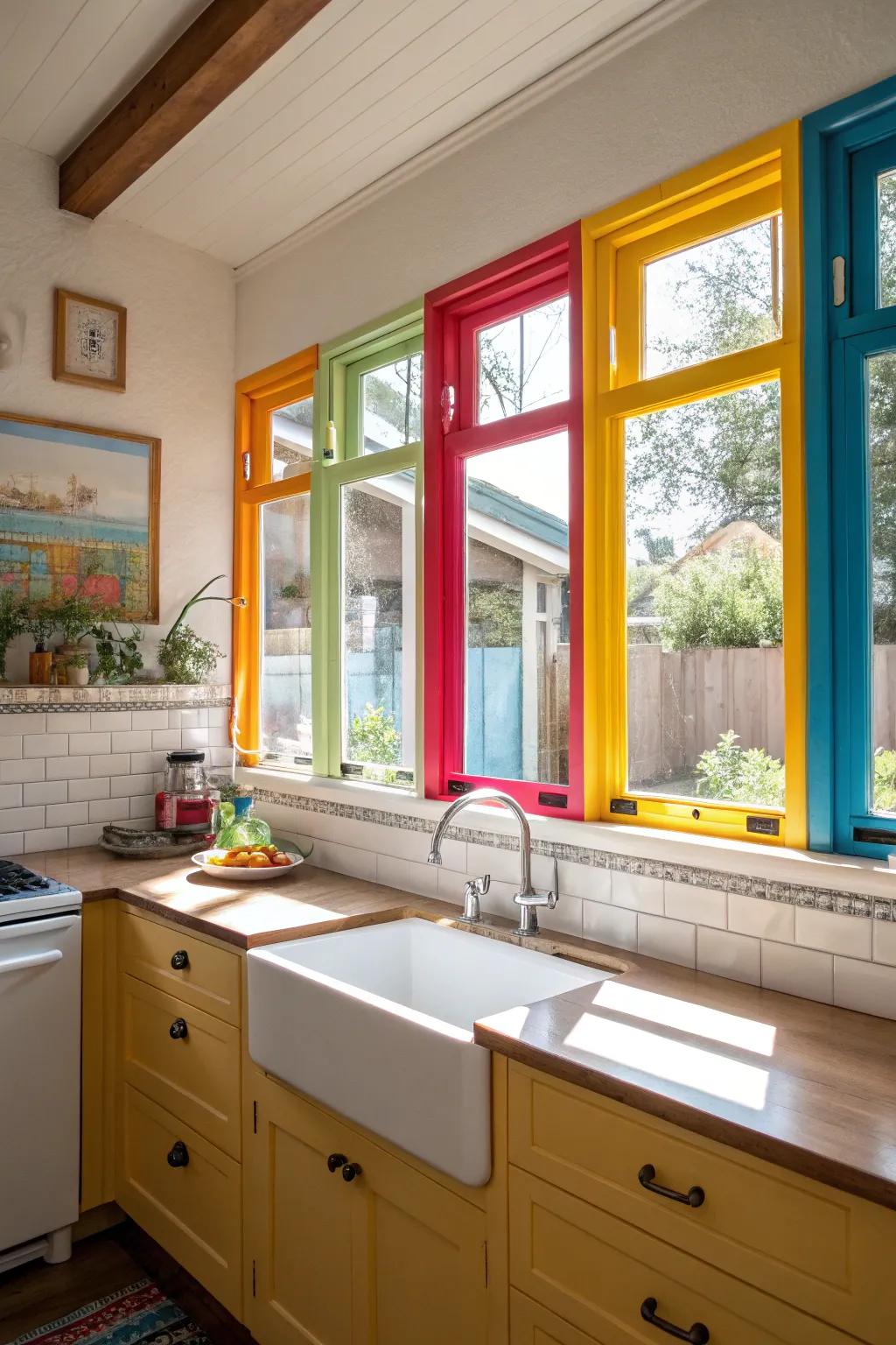 A kitchen is made more vibrant through its eye-catching bright window frames.