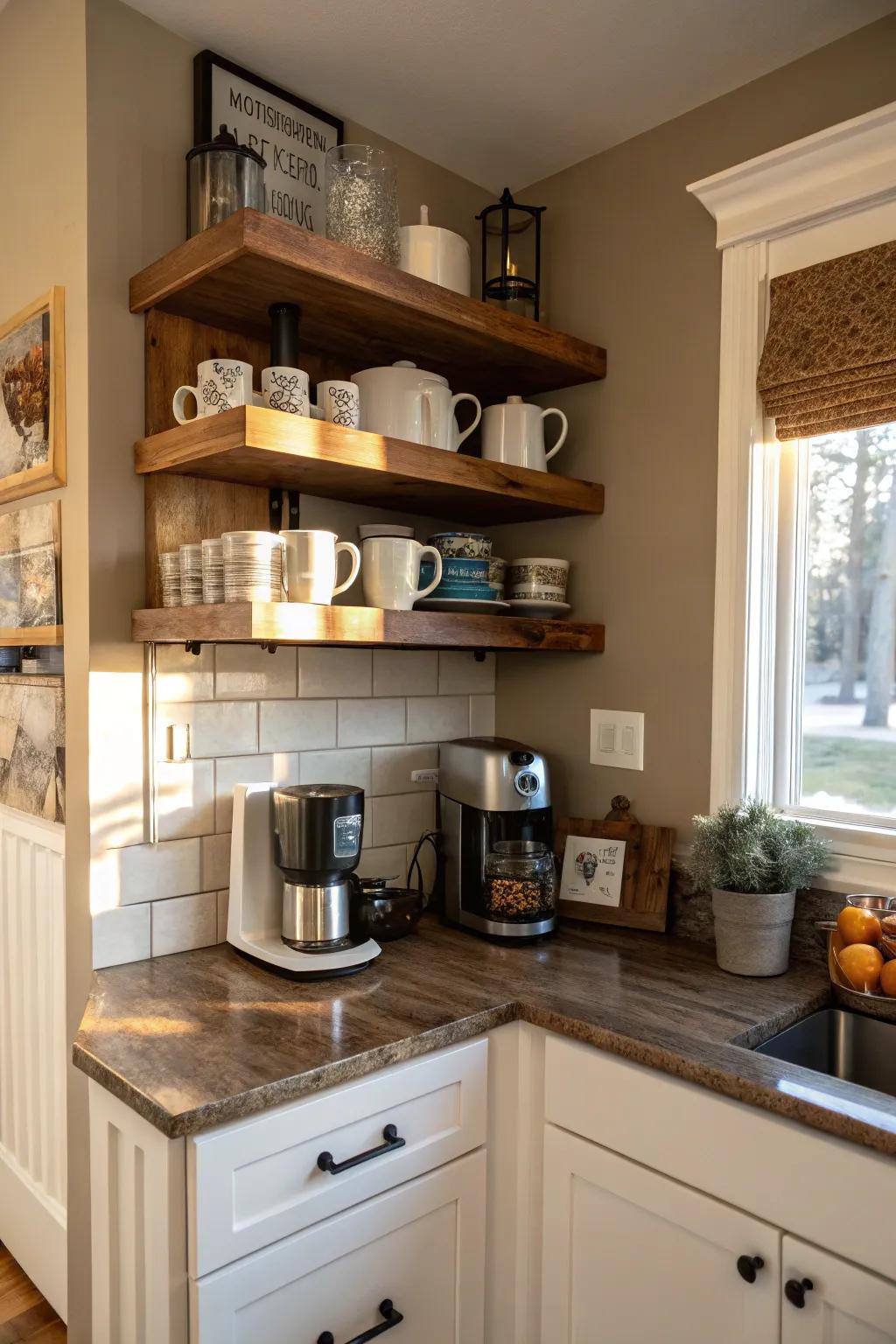 A cozy coffee nook with floating racks is both charming and practical.