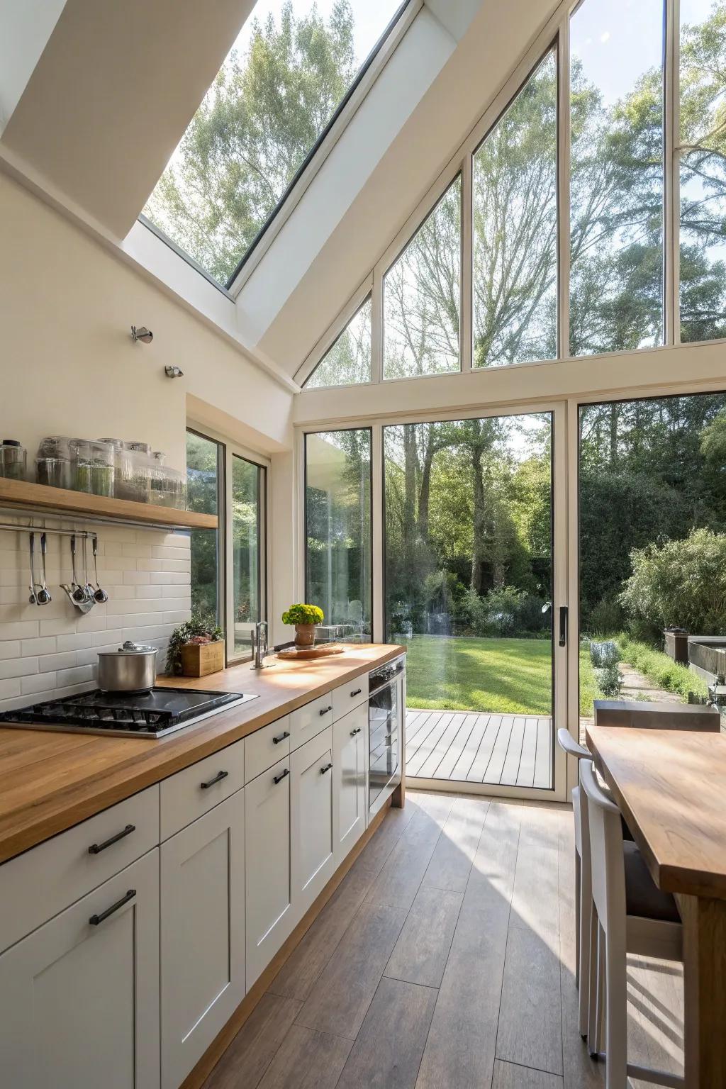 A glass wall connects this kitchen with its natural environment.
