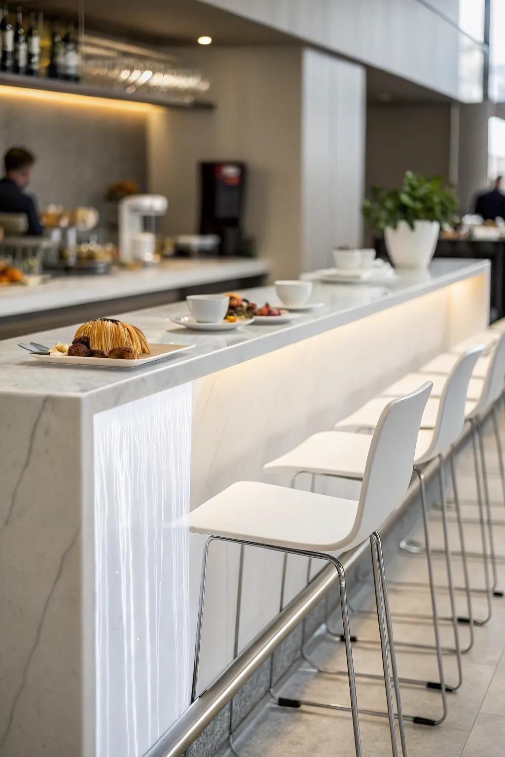 A modern breakfast bar featuring a sleek continuous edge.