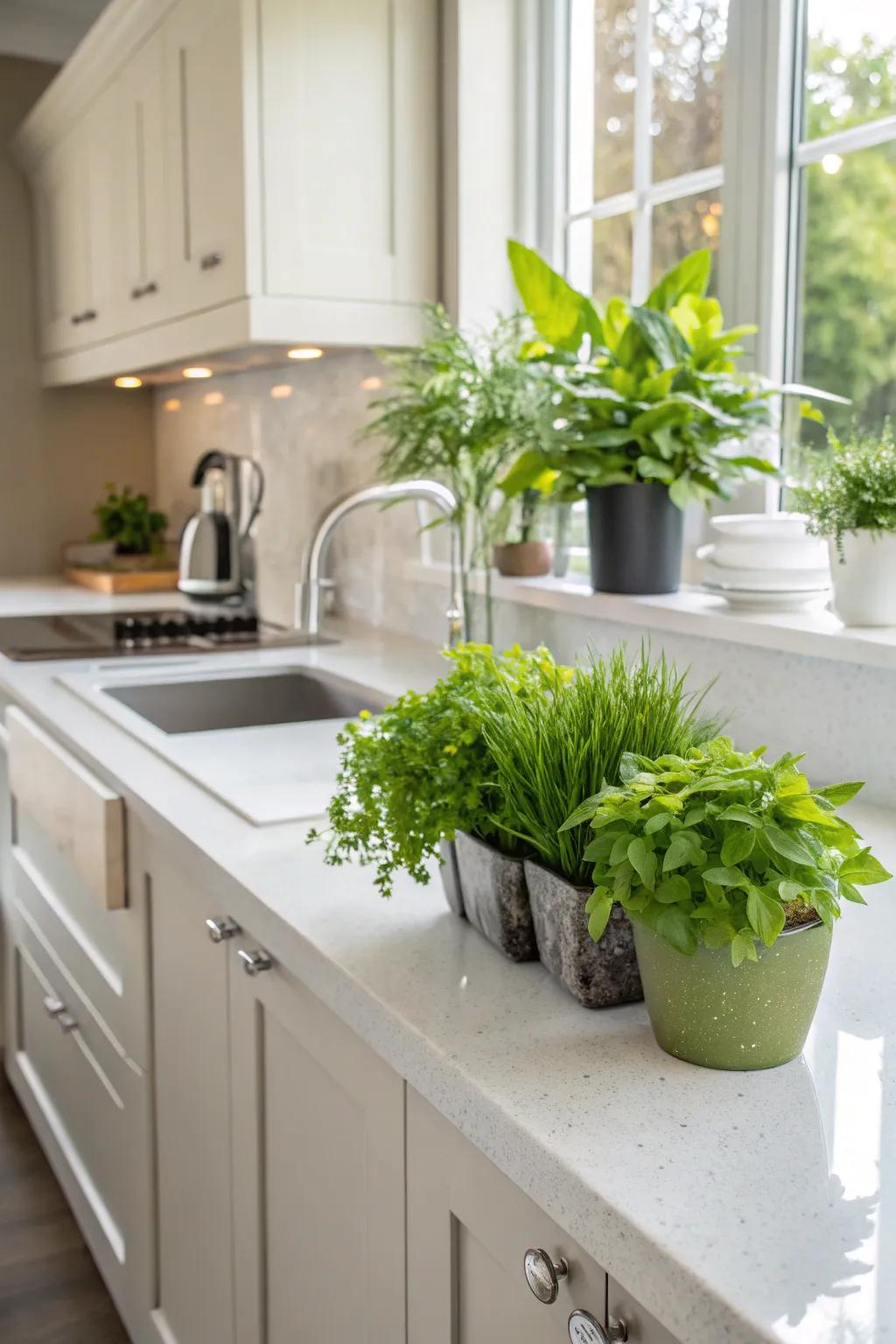 Environmentally friendly quartz worktops in a sustainable kitchen layout.