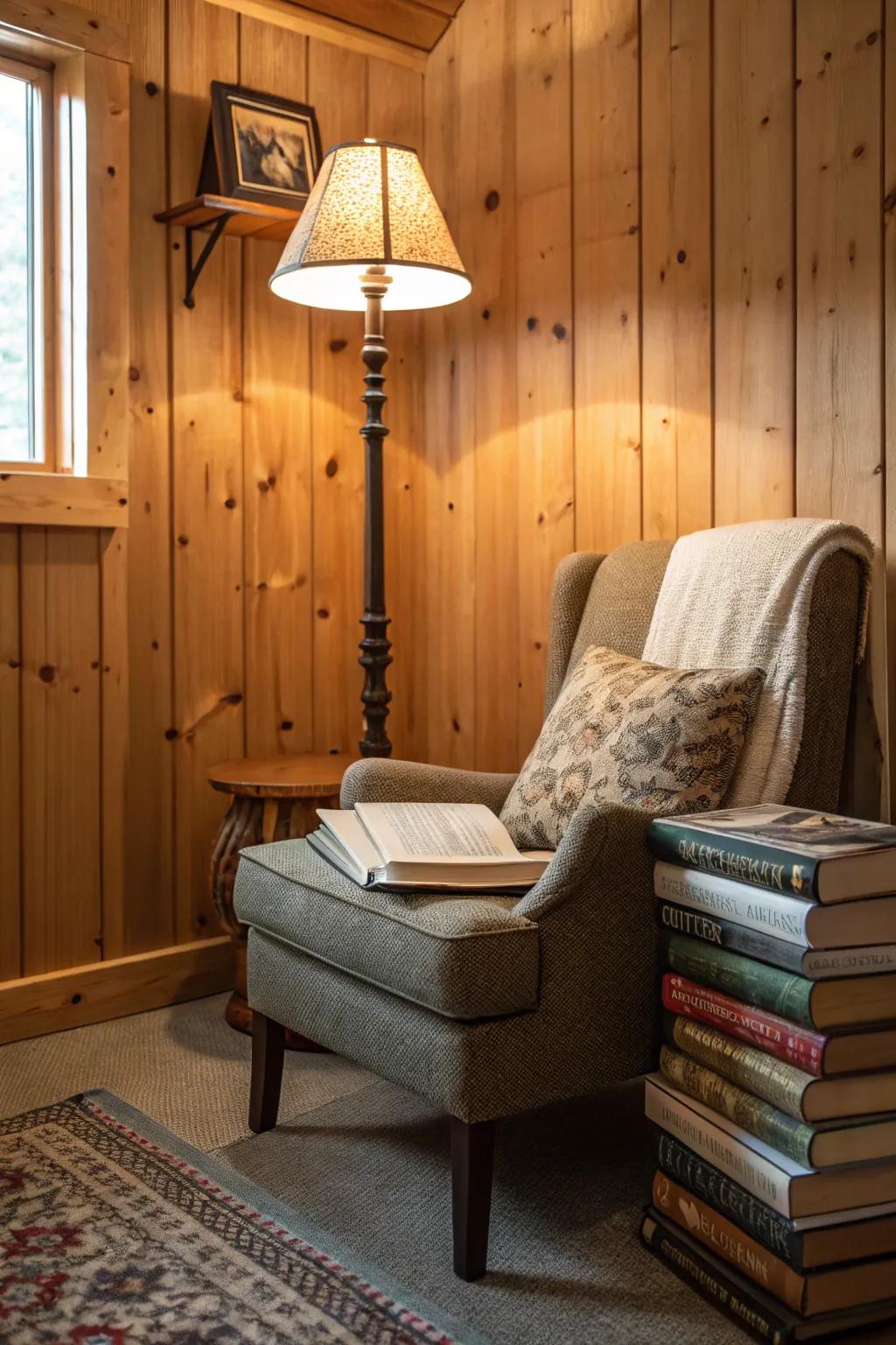 A cozy reading space perfect for relaxation in a pine paneled cabin.