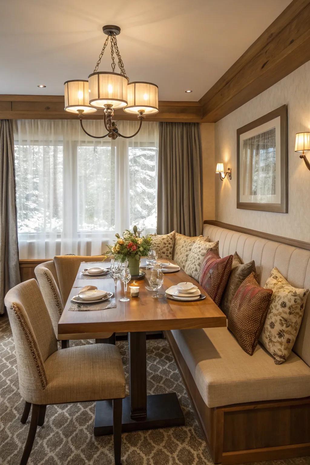 Banquette seating saves space and adds a cozy touch.