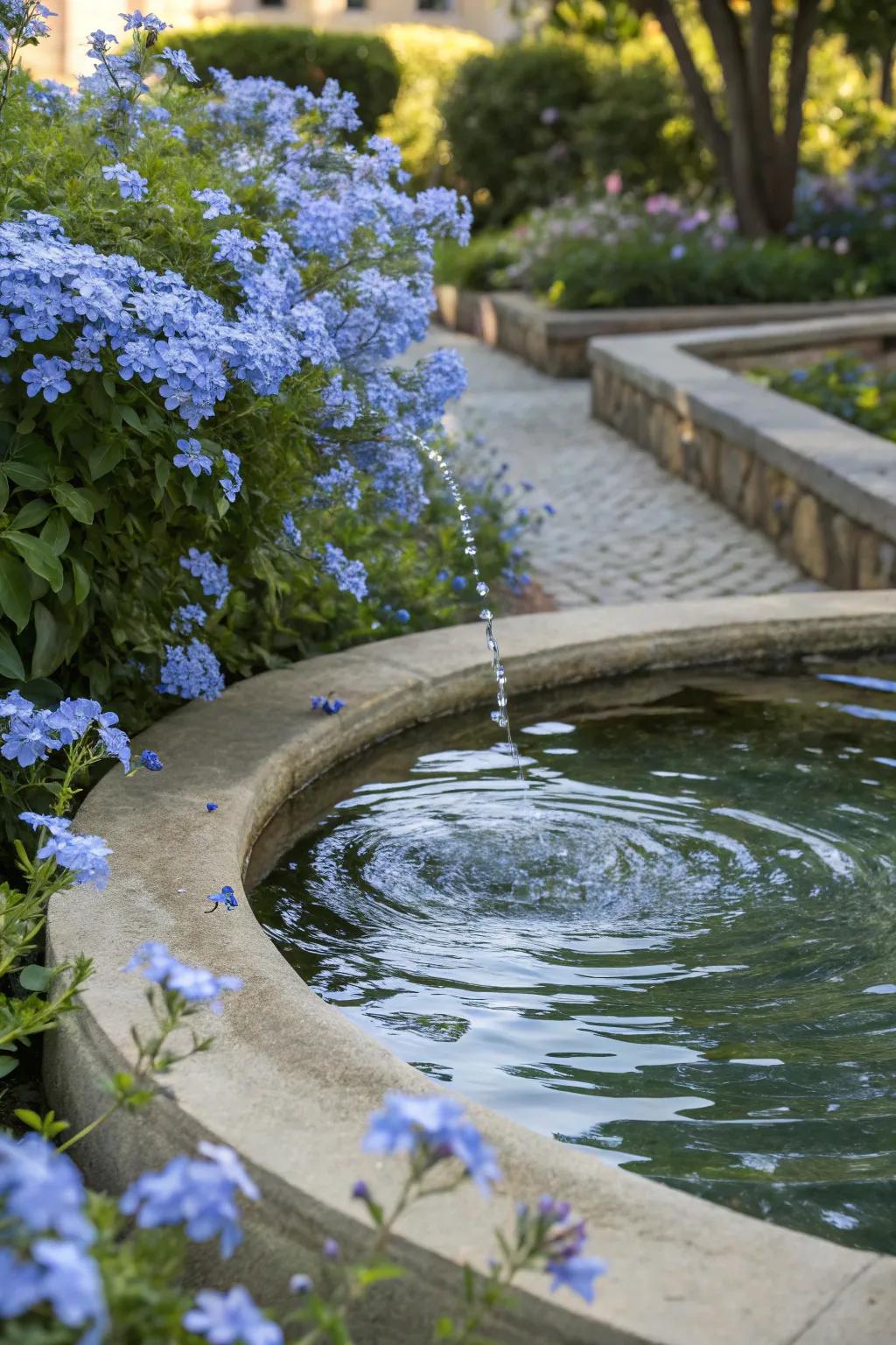 A tranquil water element encircled by azure glorybush blossoms.