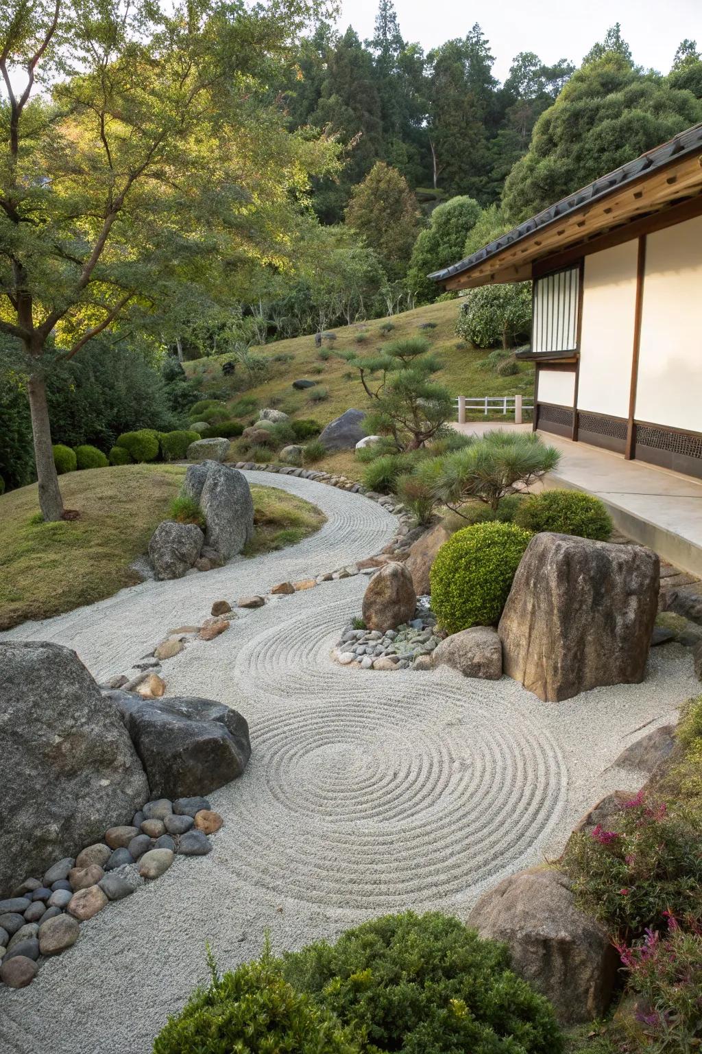 Zen gardens bring peace and structure to sloping spaces.
