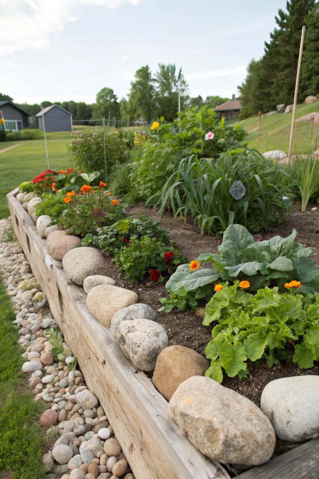 Big stones offer a natural border for rustic raised beds.