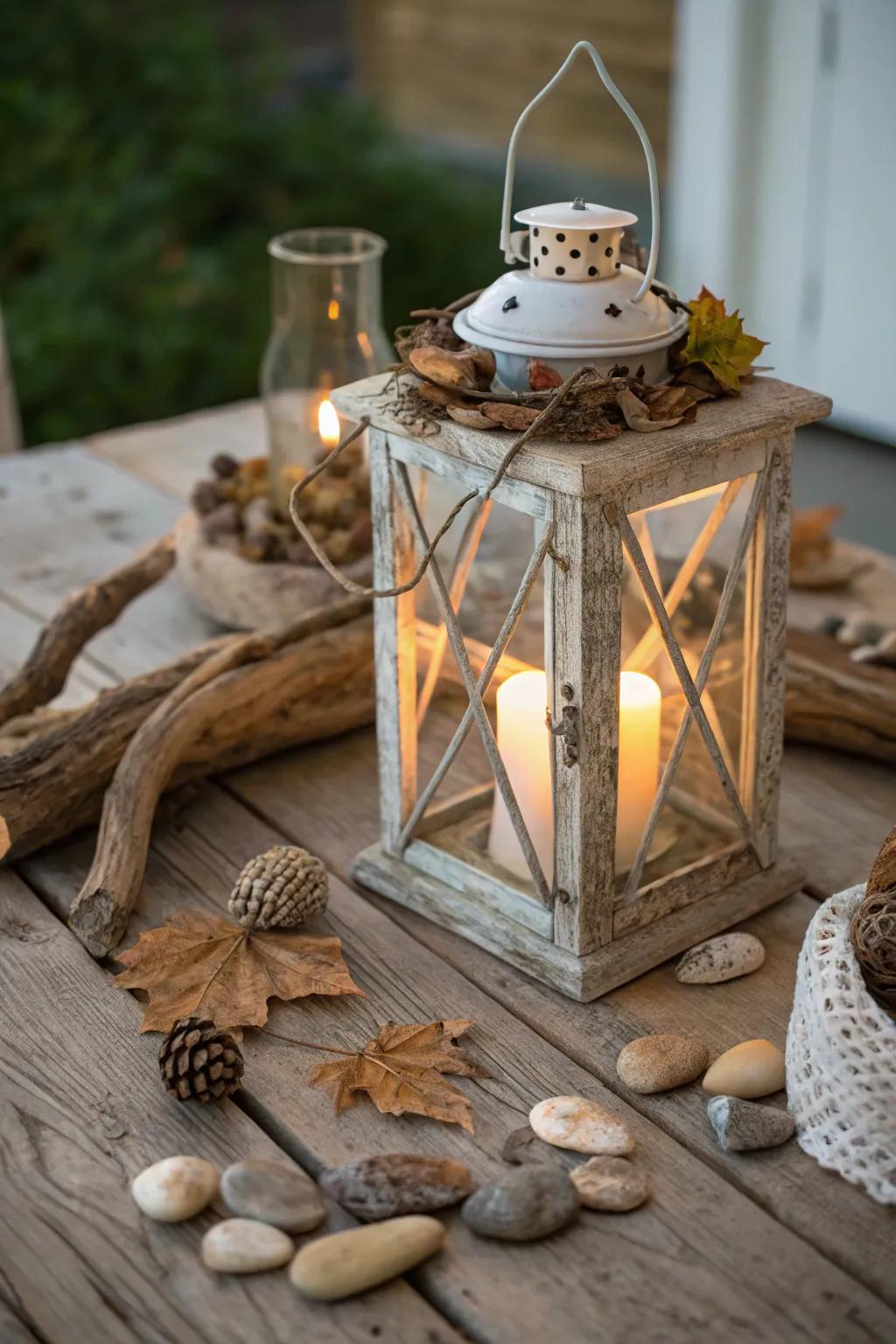 A lantern embellished with organic aspects for an earthy vibe.