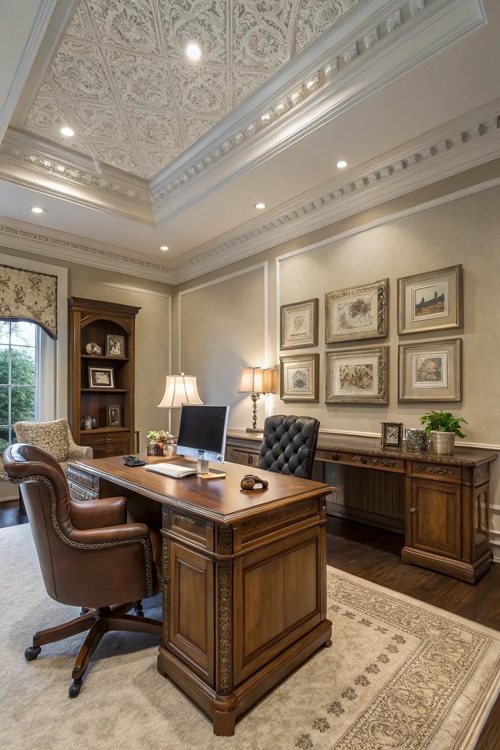 A sophisticated domestic office featuring wide crown molding, providing a stylish workspace.
