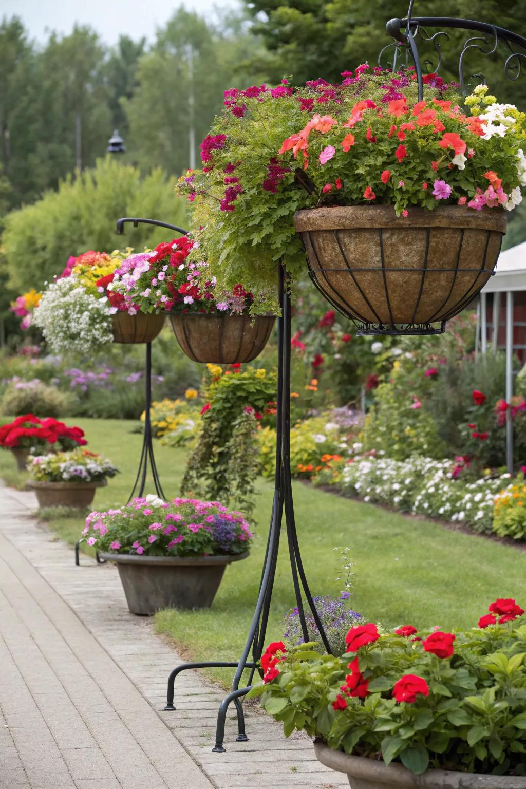 Add complexity using hanging baskets on stands.