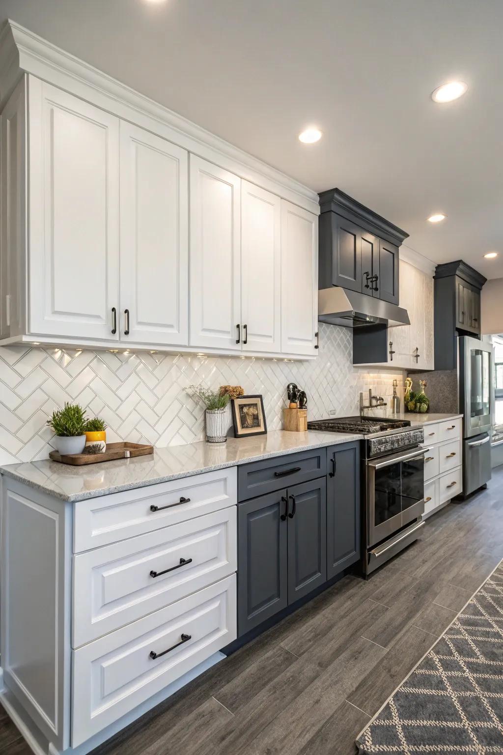 A kitchen featuring multi-tone cupboards for added visual interest.