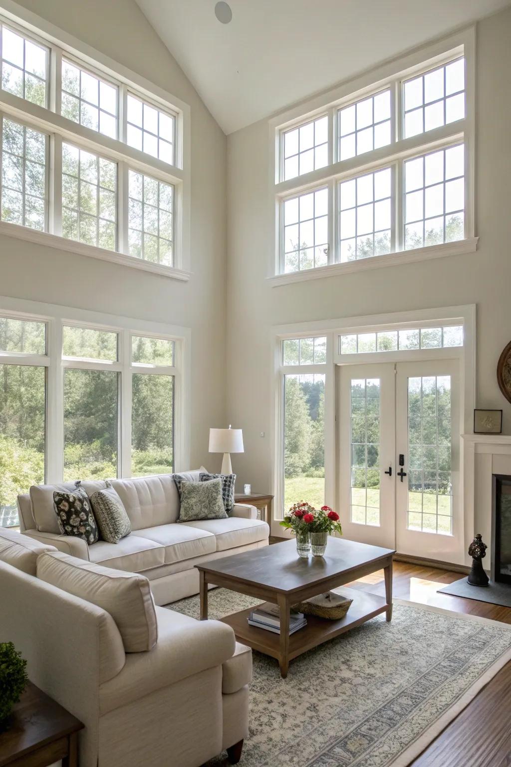 Upper windows that elevate the ceiling and increase natural light.