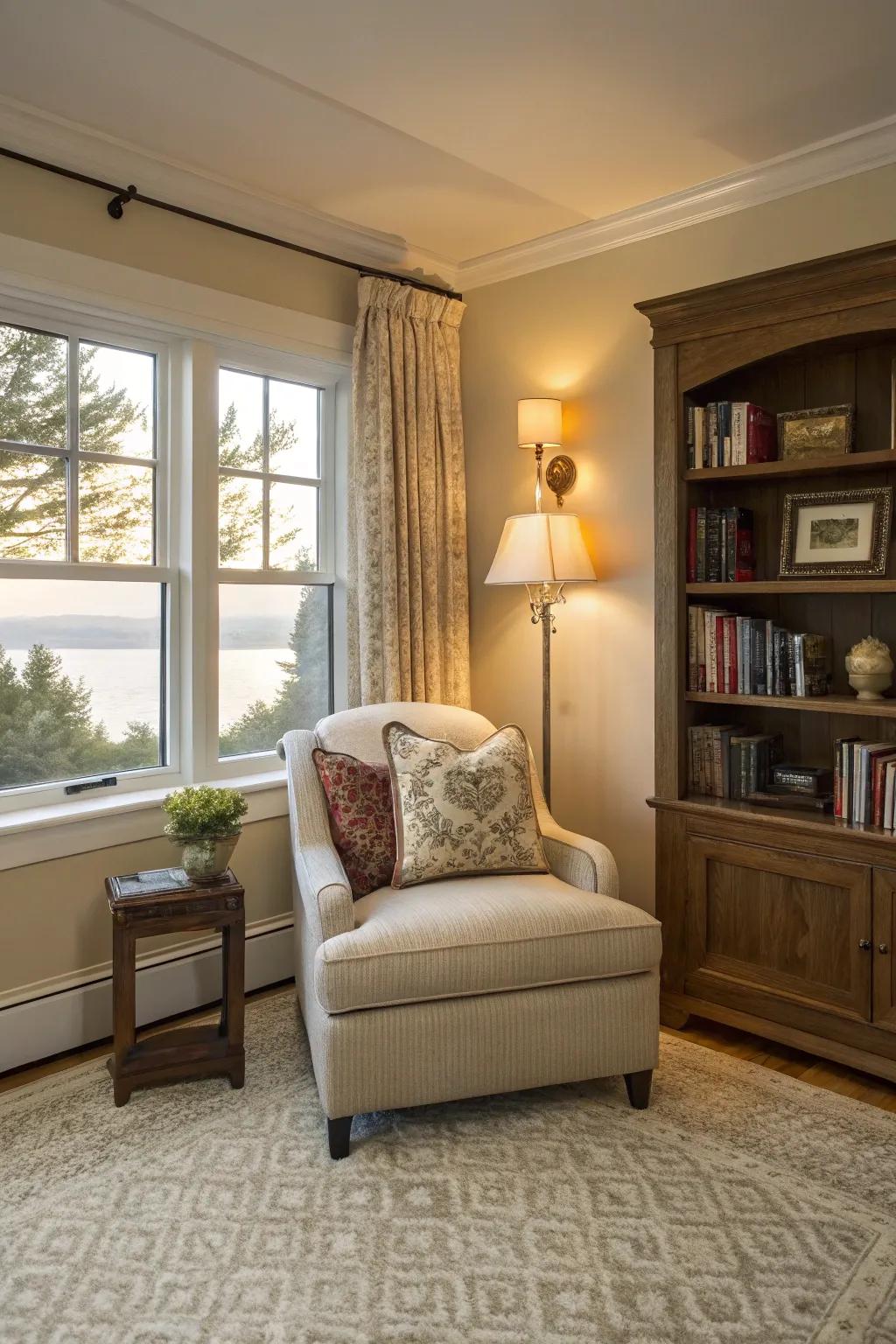 A reading corner offers an ideal spot for relaxation.