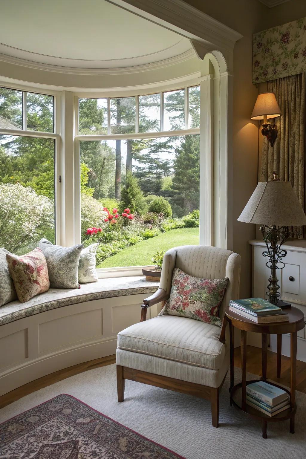 A comfortable reading nook with a curved window, made for relaxation.