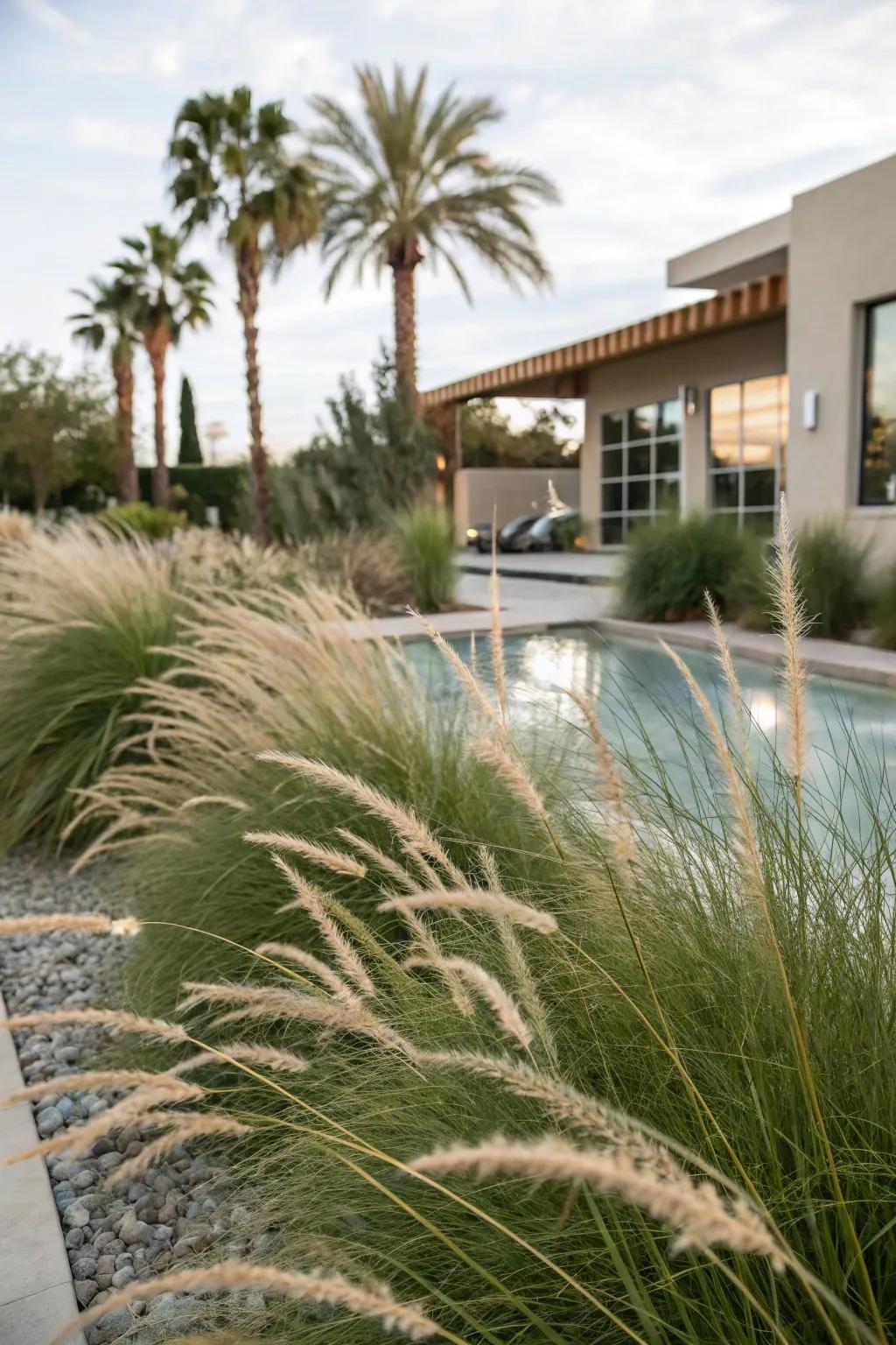 Ornamental grasses create privacy in a Las Vegas backyard.