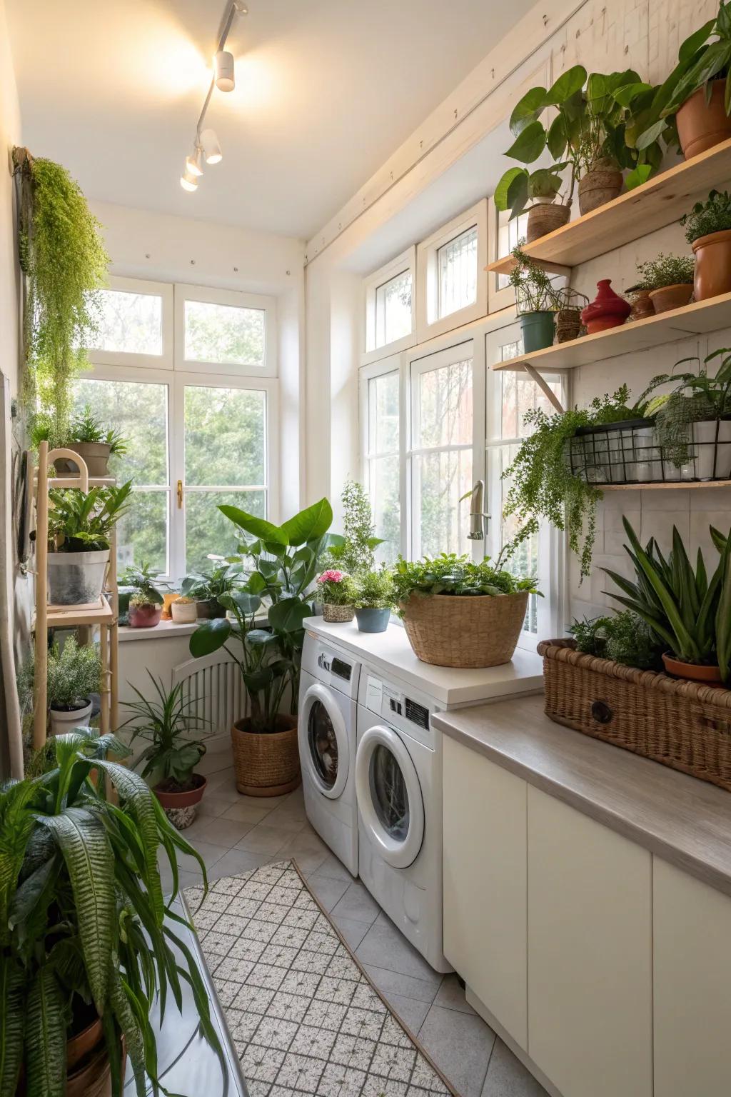 Indoor plants bring a refreshing touch to your laundry room.