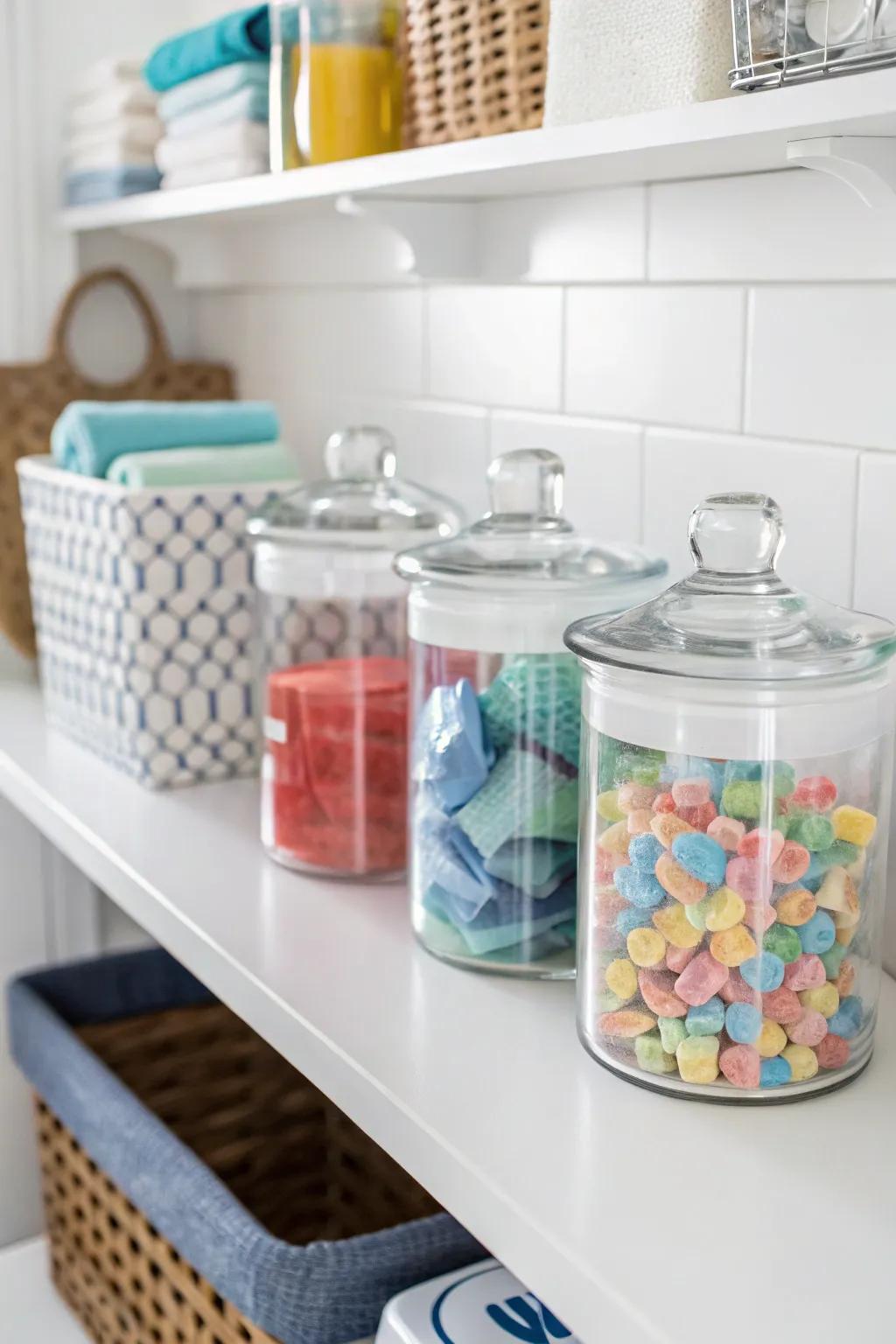 Crystal canisters offer versatile storage solutions for laundry essentials.