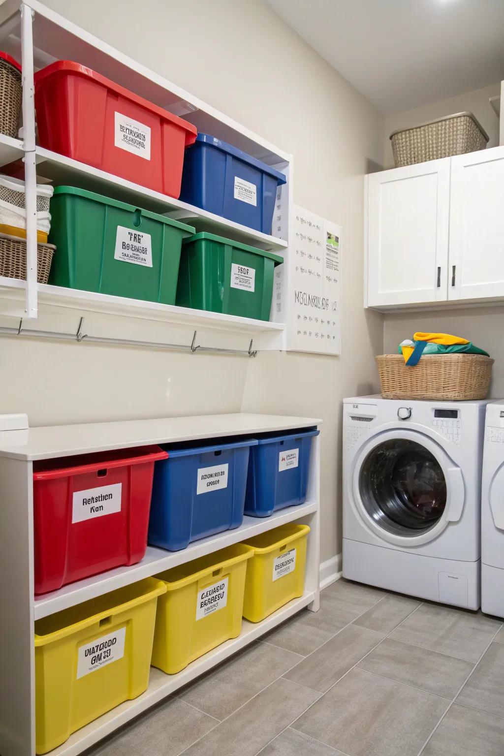 Stay organized using a color-organized container system.