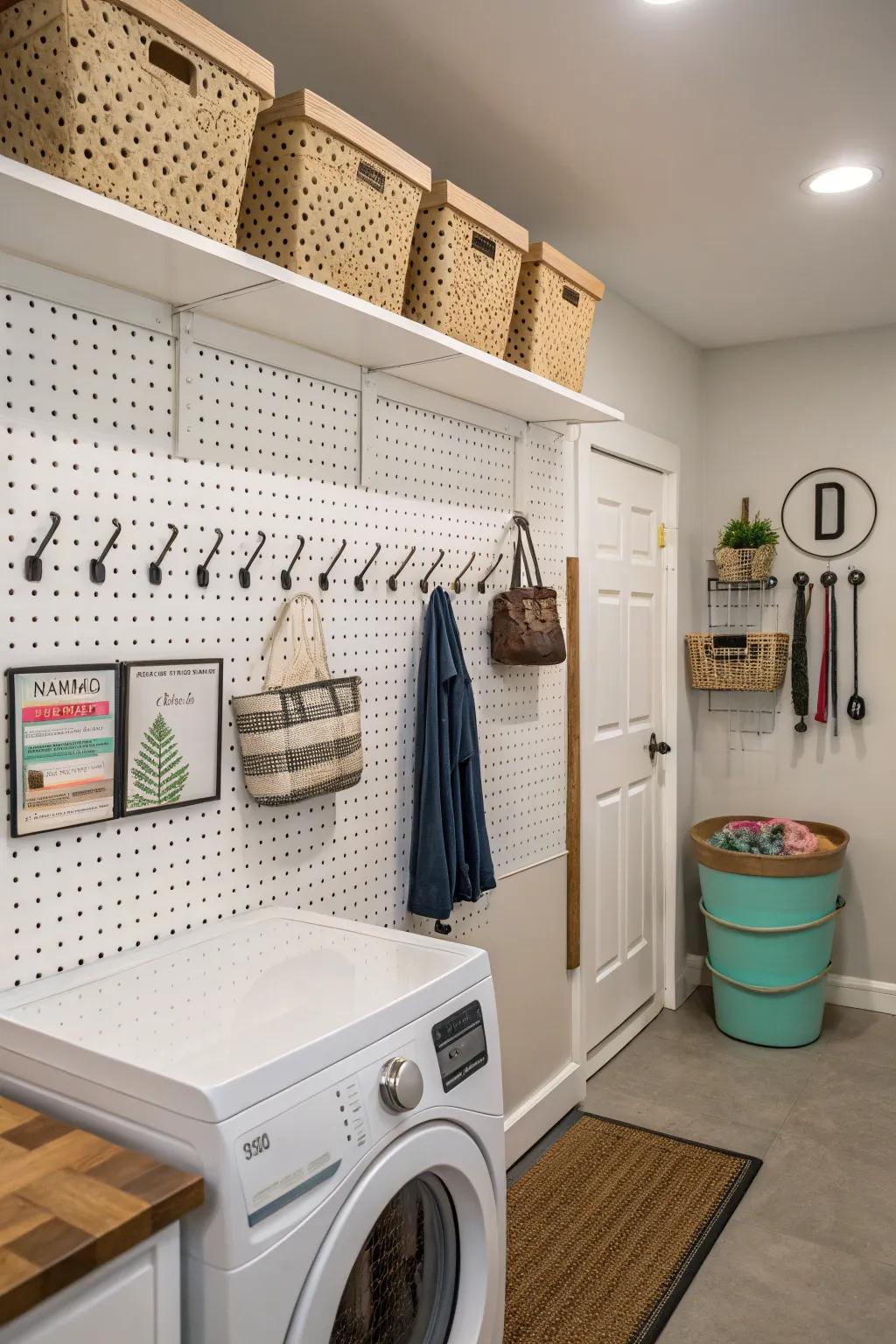 Pegboards offer adaptable storage.