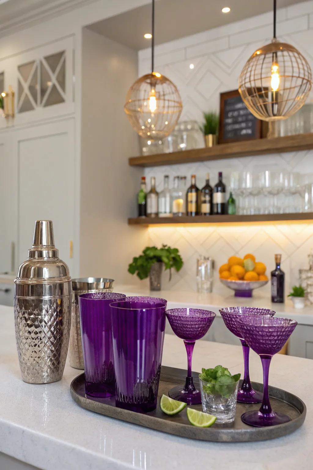 A chic home bar showcasing violet drinkware for a stylish entertaining experience.