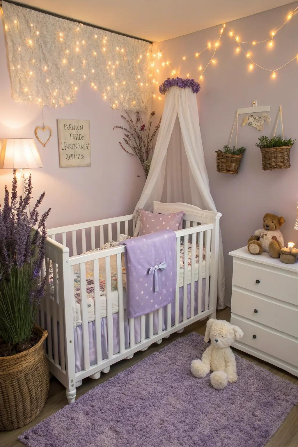 A white cot pairs perfectly with lavender tones.