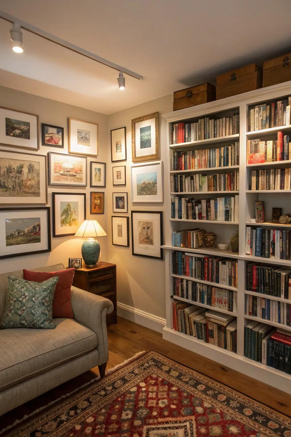 An art wall blending art with literature for a personal touch.