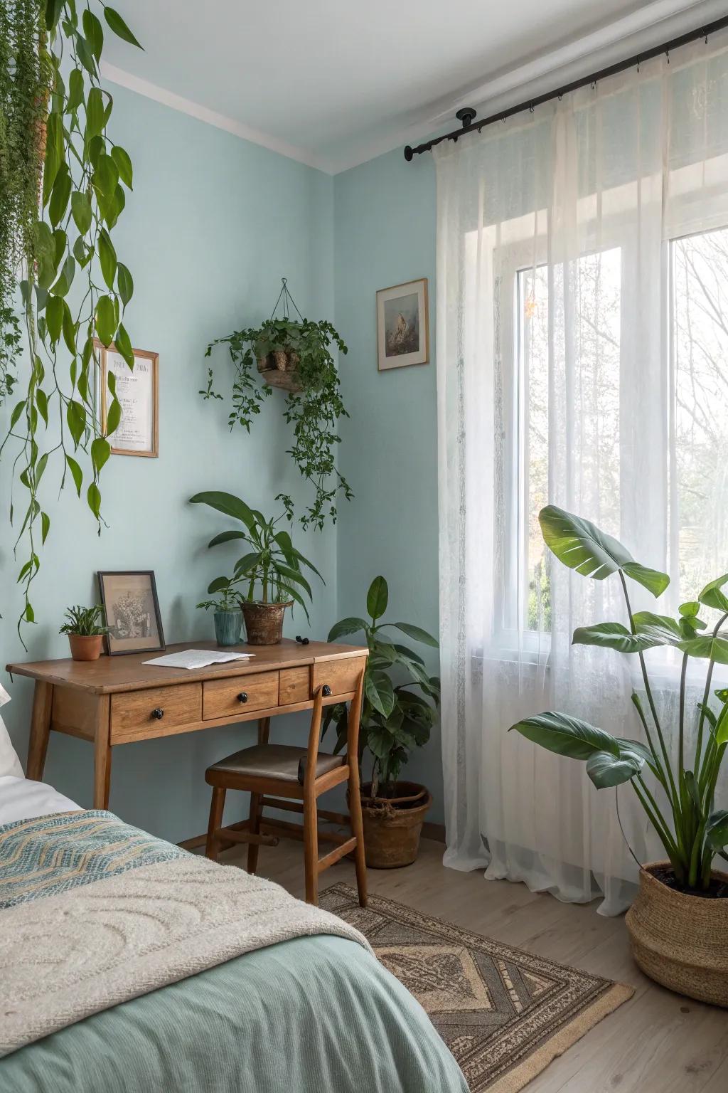 A bedroom with pale blue walls featuring natural elements for a tranquil atmosphere.