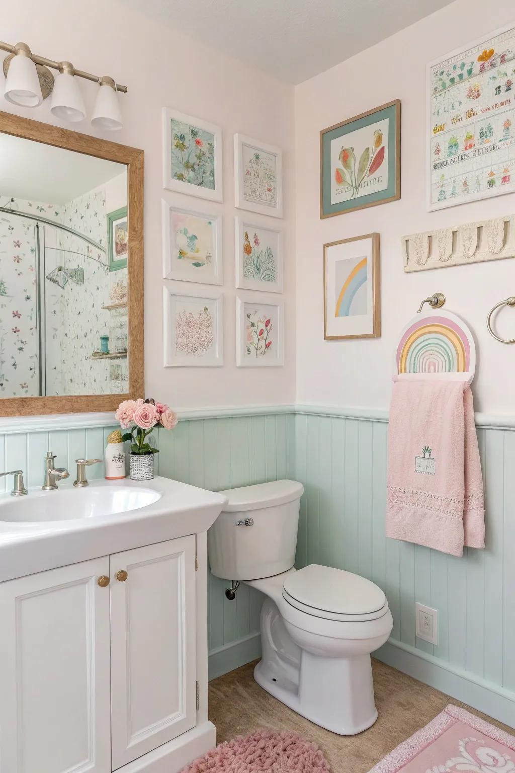 Soft accents contribute playful energy to a bright bathroom.