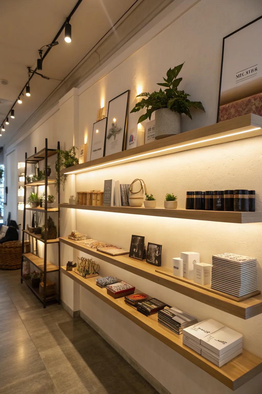 Wall shelves brought to life by subtle lighting.