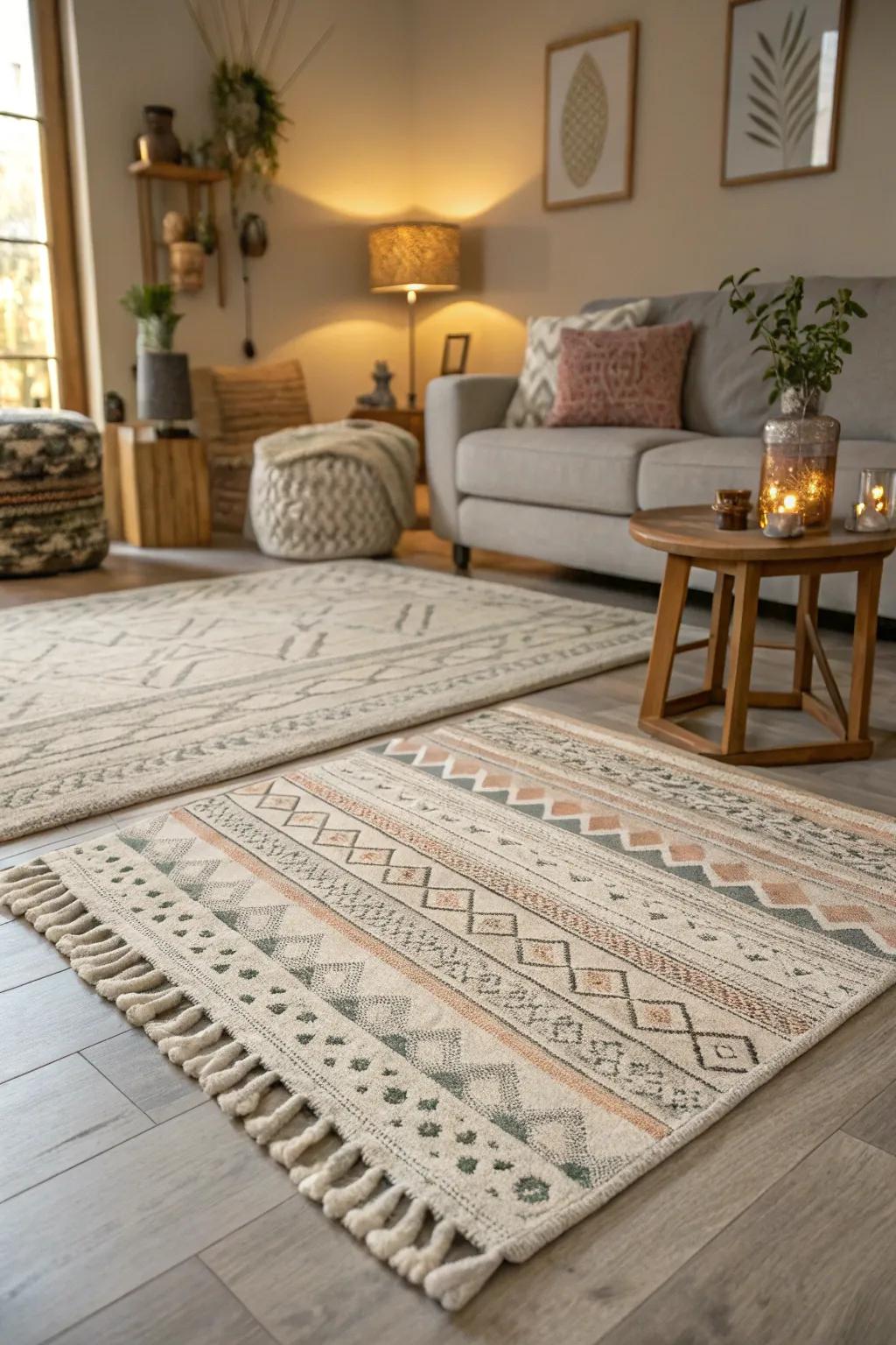 A cozy living area with light grey flooring and layered rugs.
