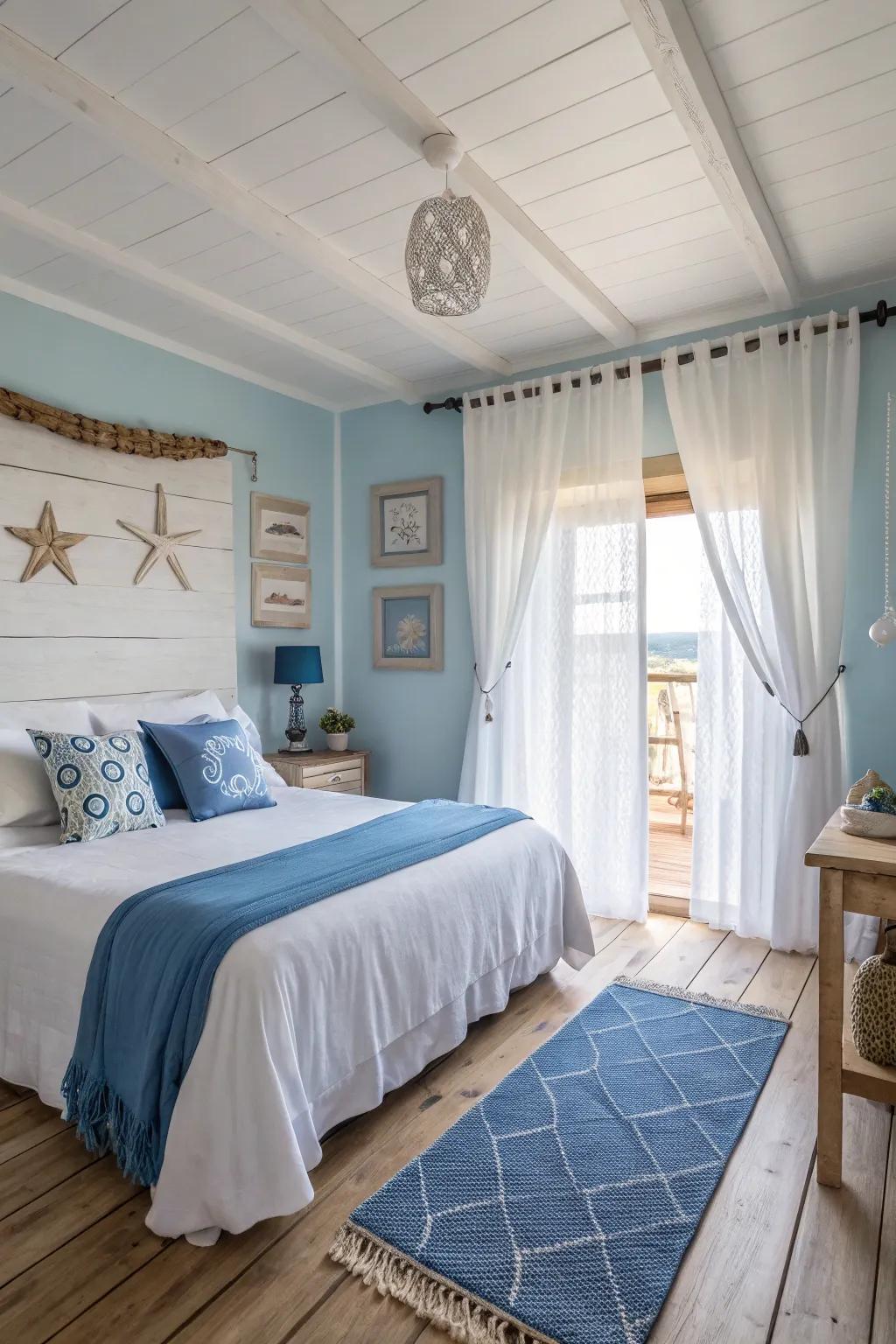 A coastal theme creating a serene atmosphere with pale timber flooring.