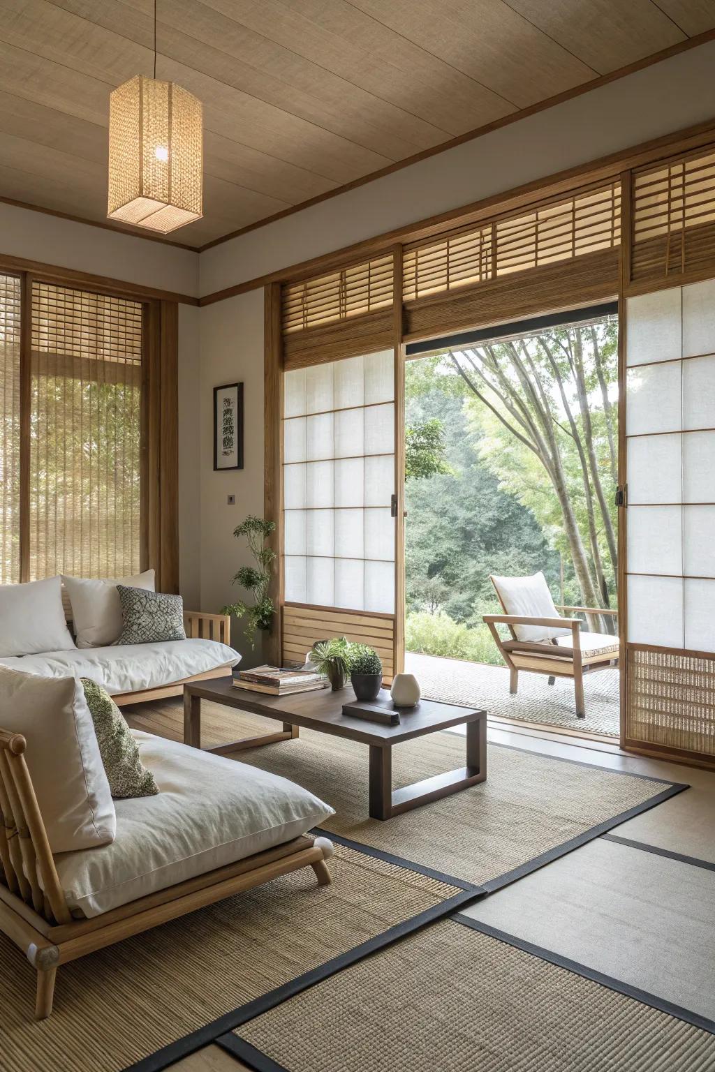 For a peaceful ambiance, use bamboo window treatments.