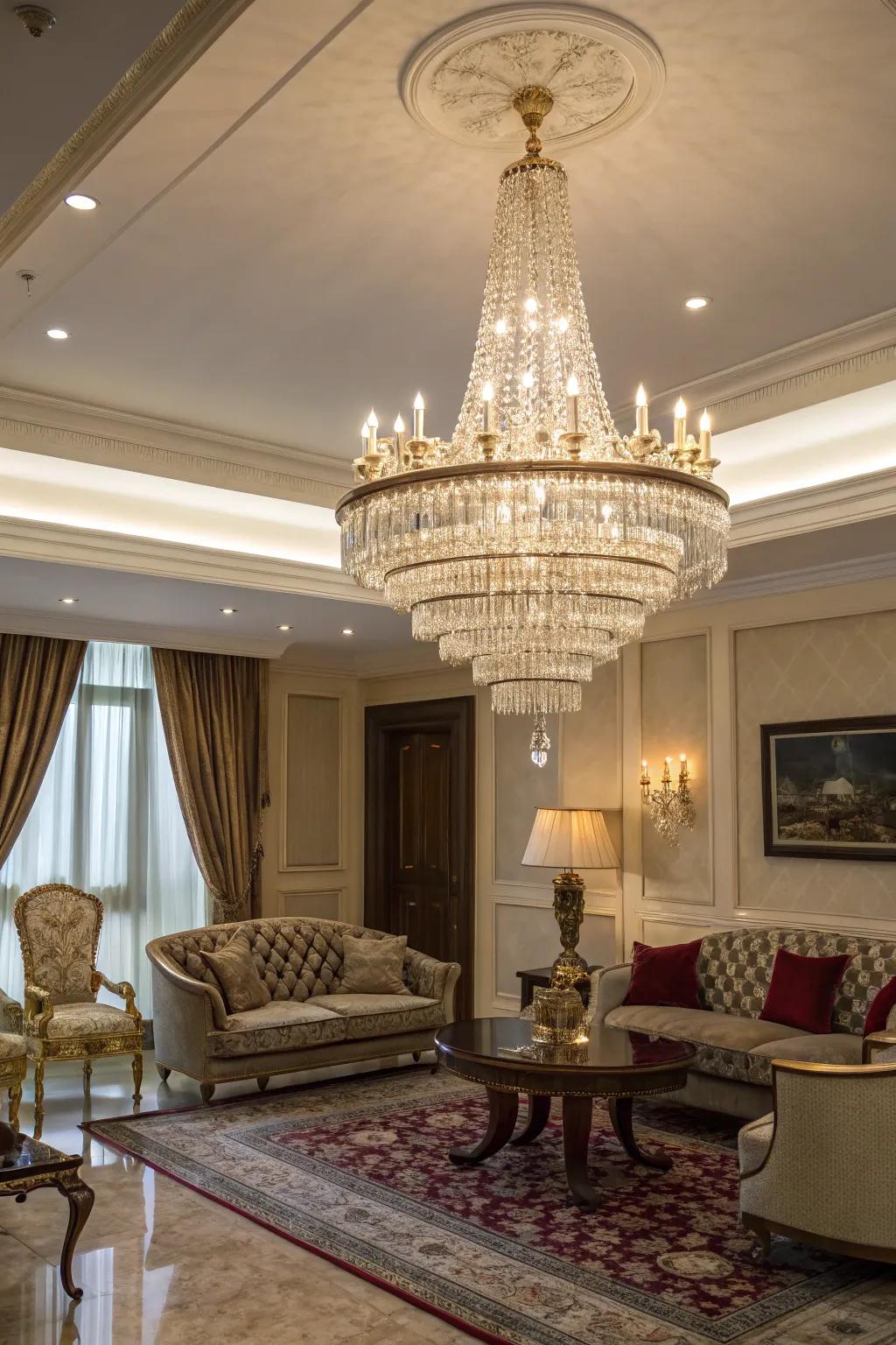 Sparkling multi-light fixtures exude opulence and grace.