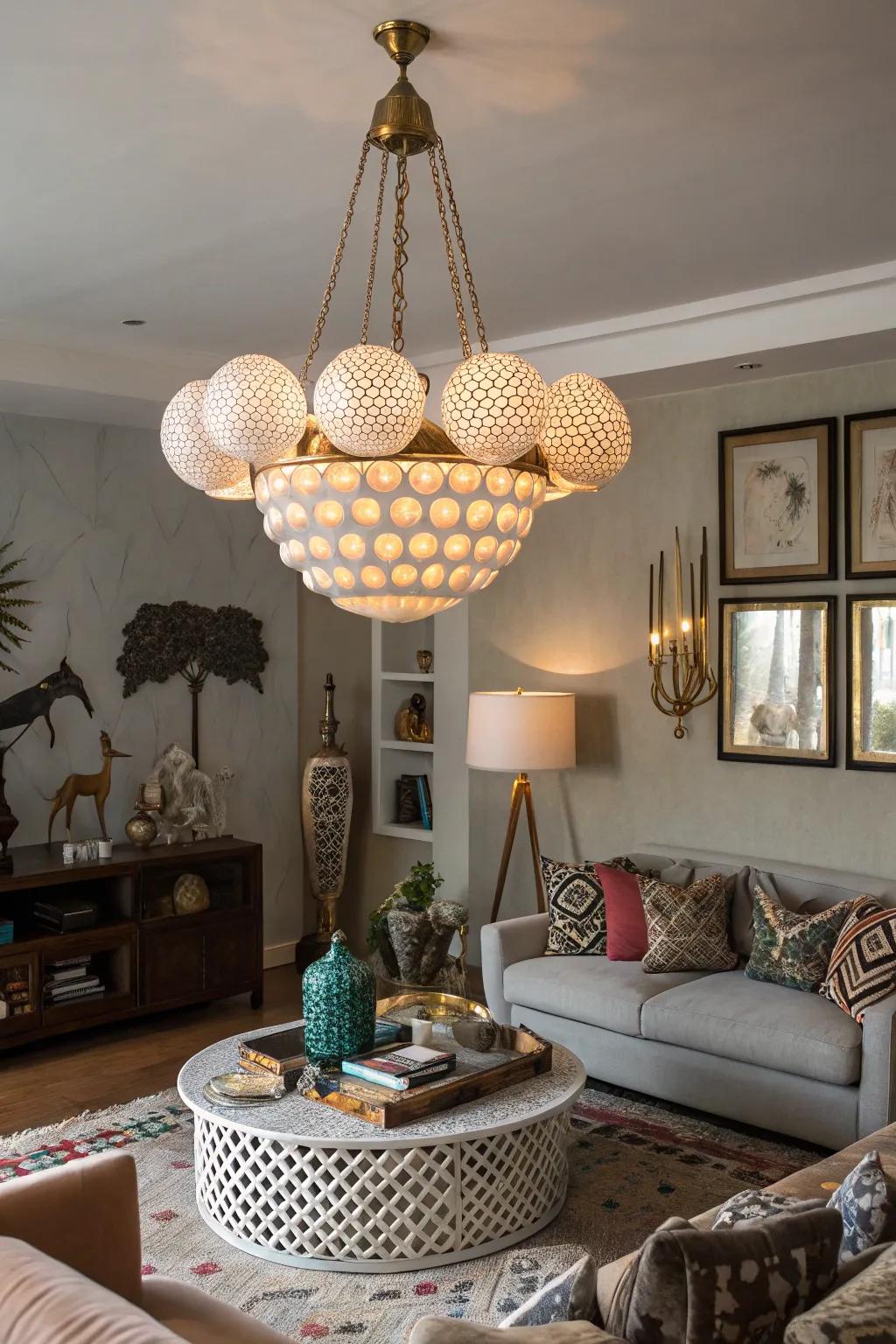 A living room with an uneven chandelier displaying playful geometry.